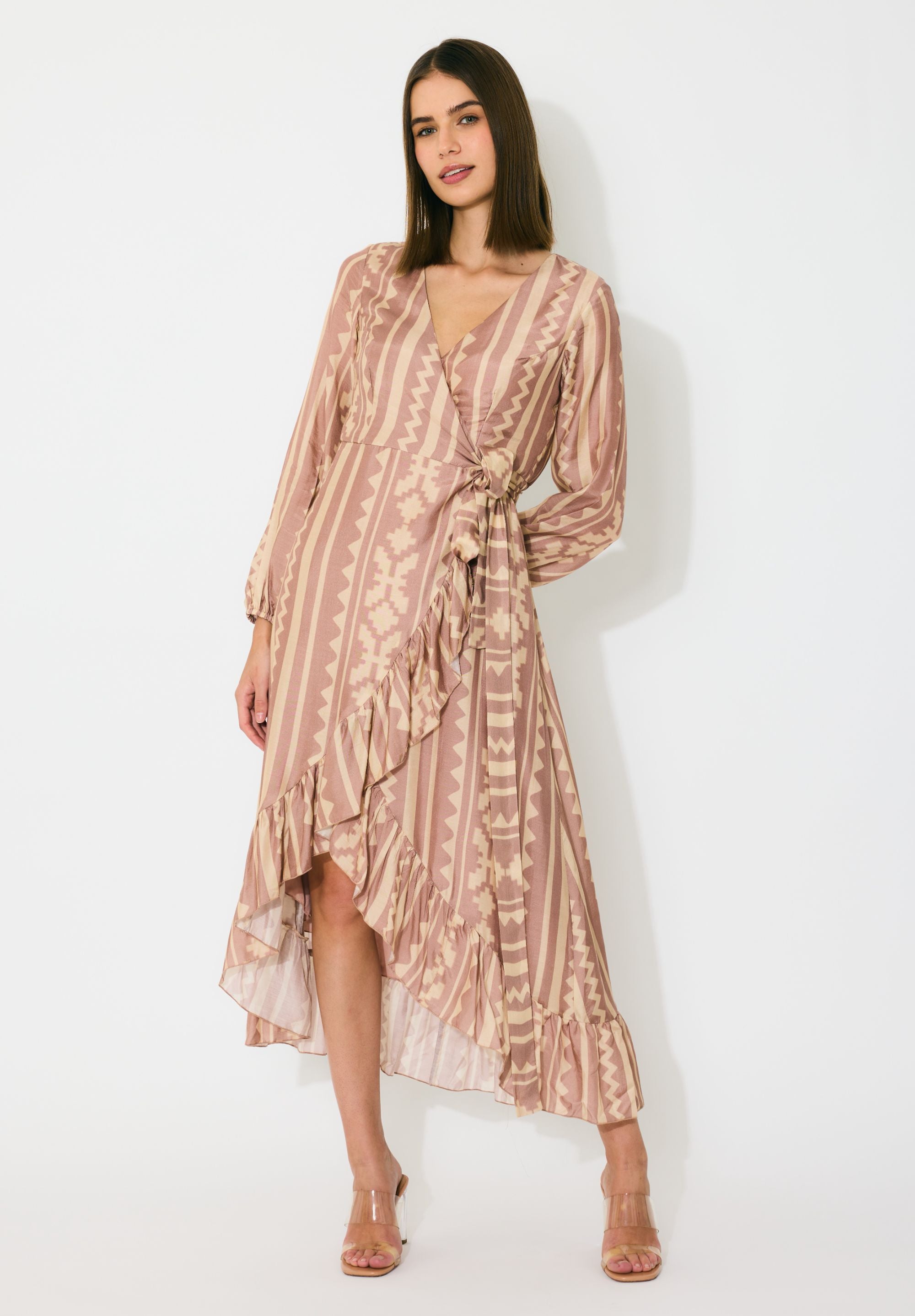 PEACH AND CREAM PATTERN WRAP DRESS