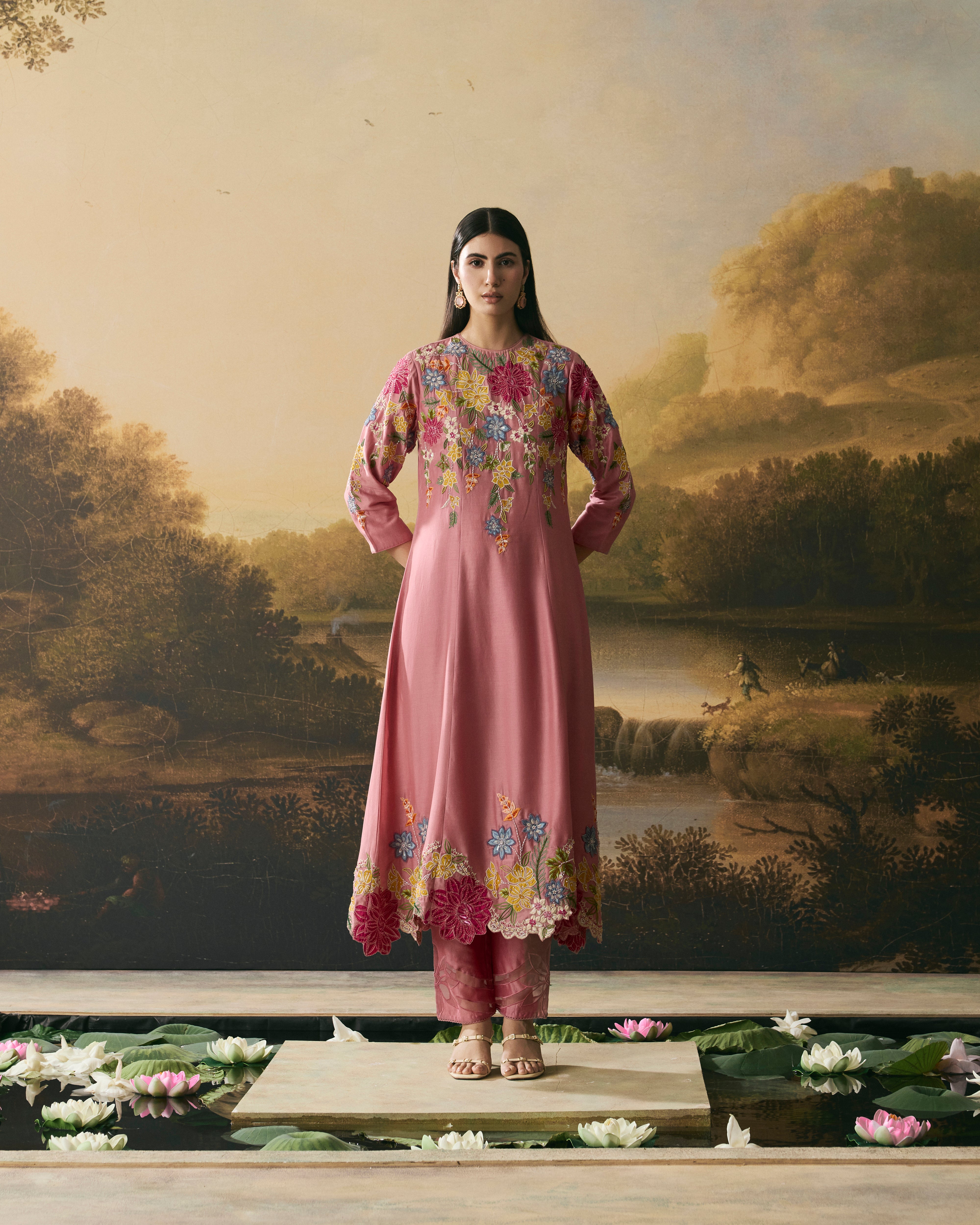 PINK FLORAL MEDLEY FLARED KURTA WITH NARROW PANTS
