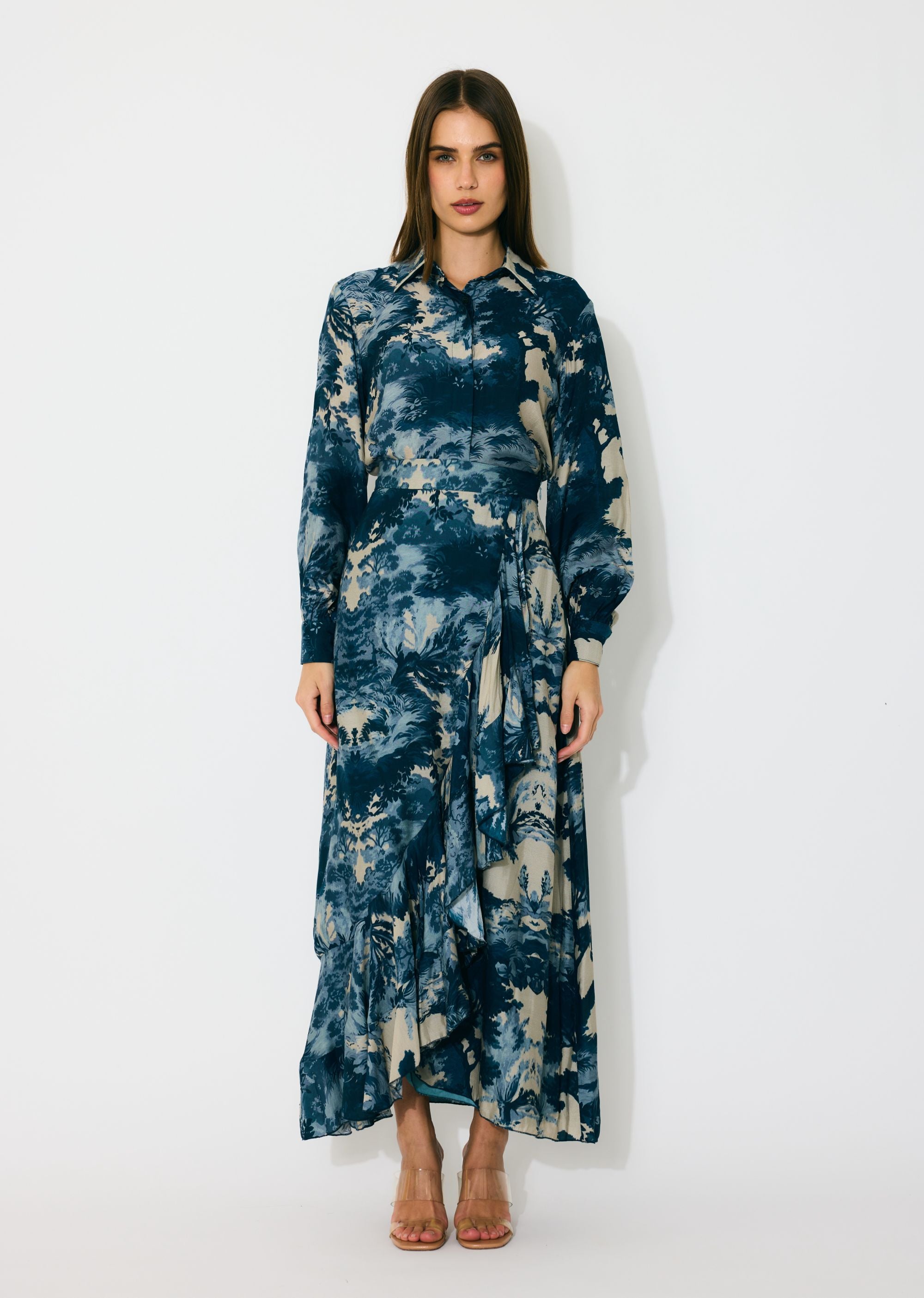 BLUE, INDIGO AND BEIGE TOILE PRINT WRAP SKIRT