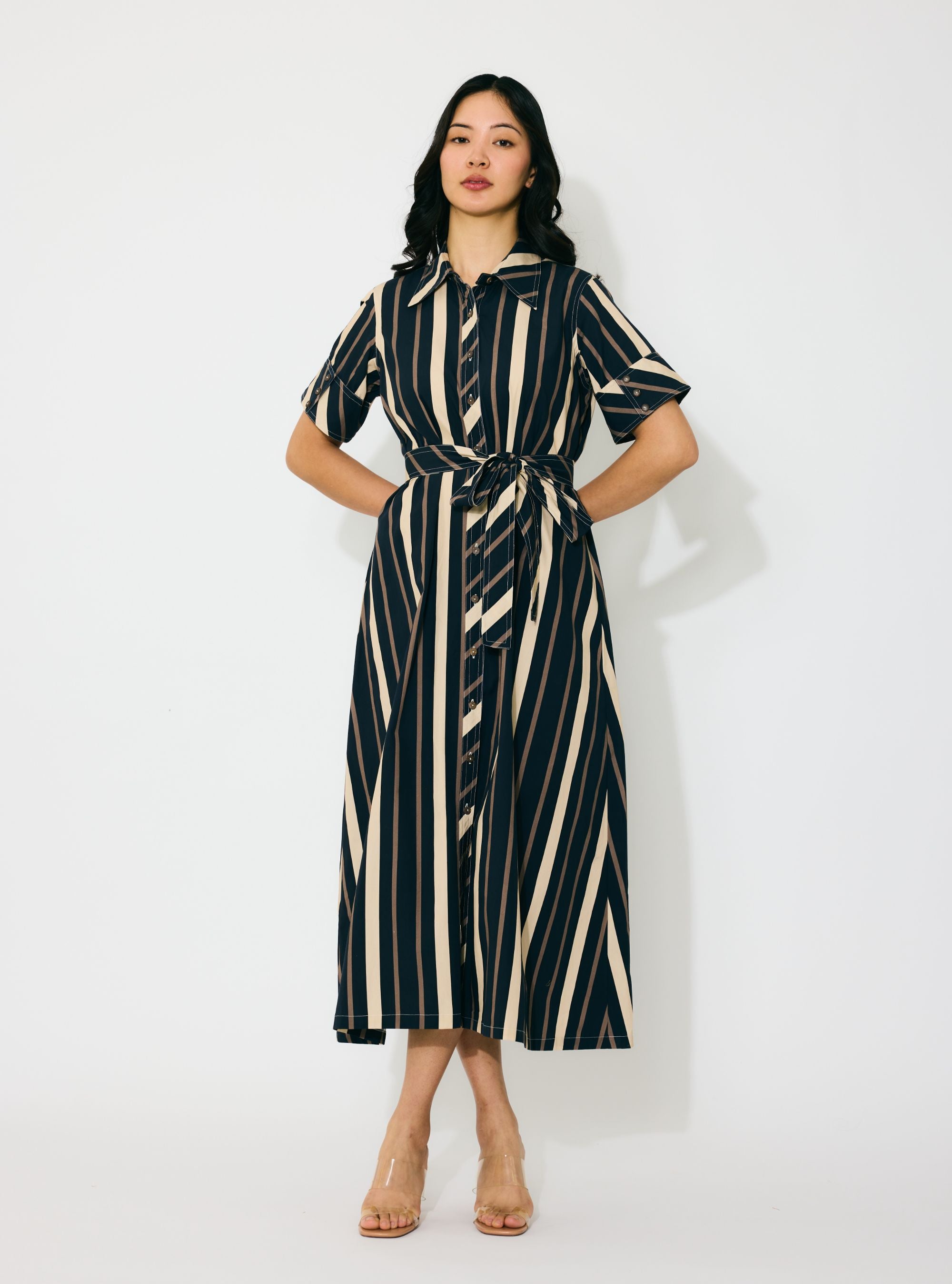 DARK BLUE AND BEIGE STRIPE SHIRT DRESS