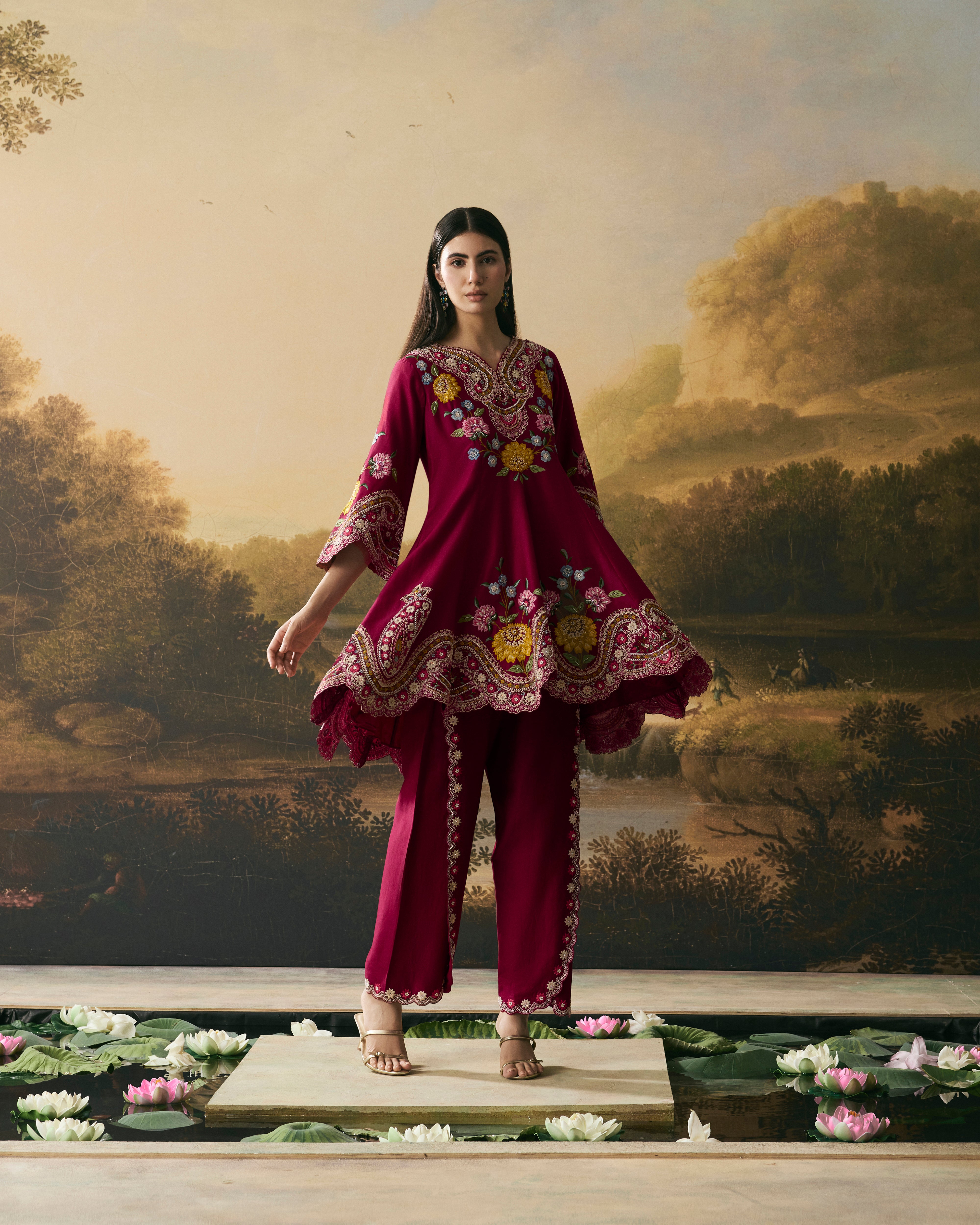CHERRY RED CONTRAST CORDWORK FLARED SHORT KURTA WITH TULIP PANTS