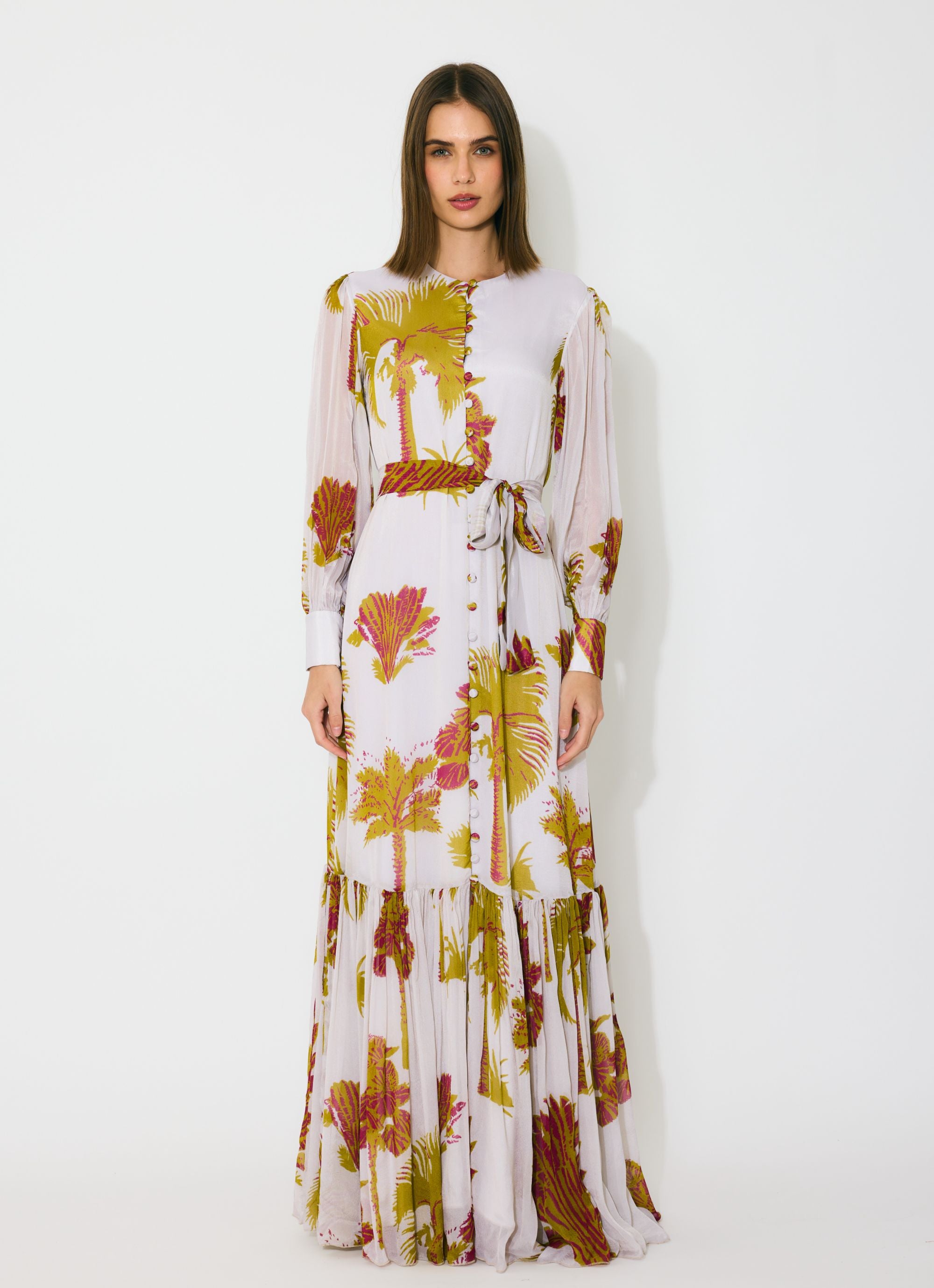 BEIGE, MUSTARD AND HOT PINK FLORAL LONG DRESS