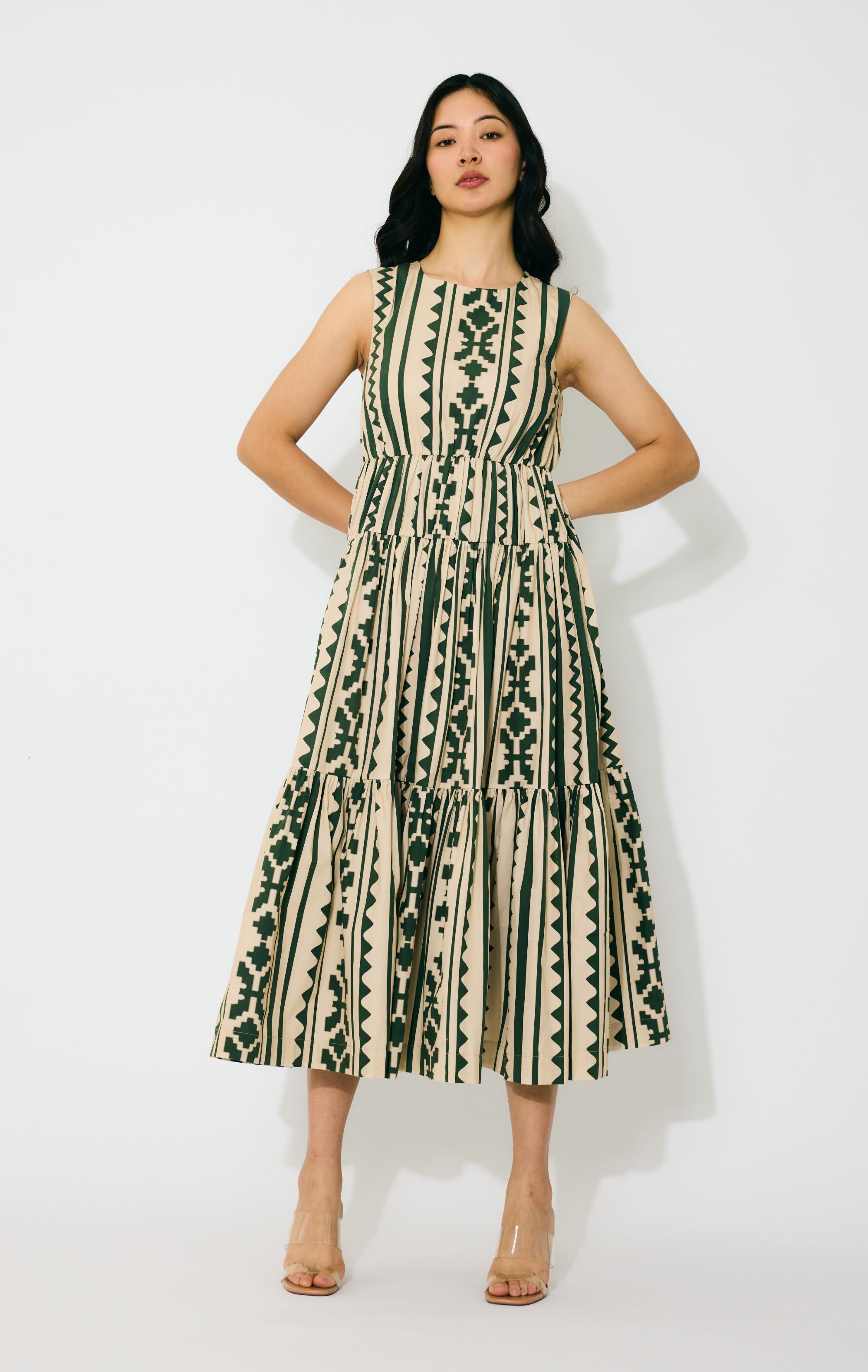 CREAM AND GREEN PATTERN SLEEVELESS MIDI DRESS