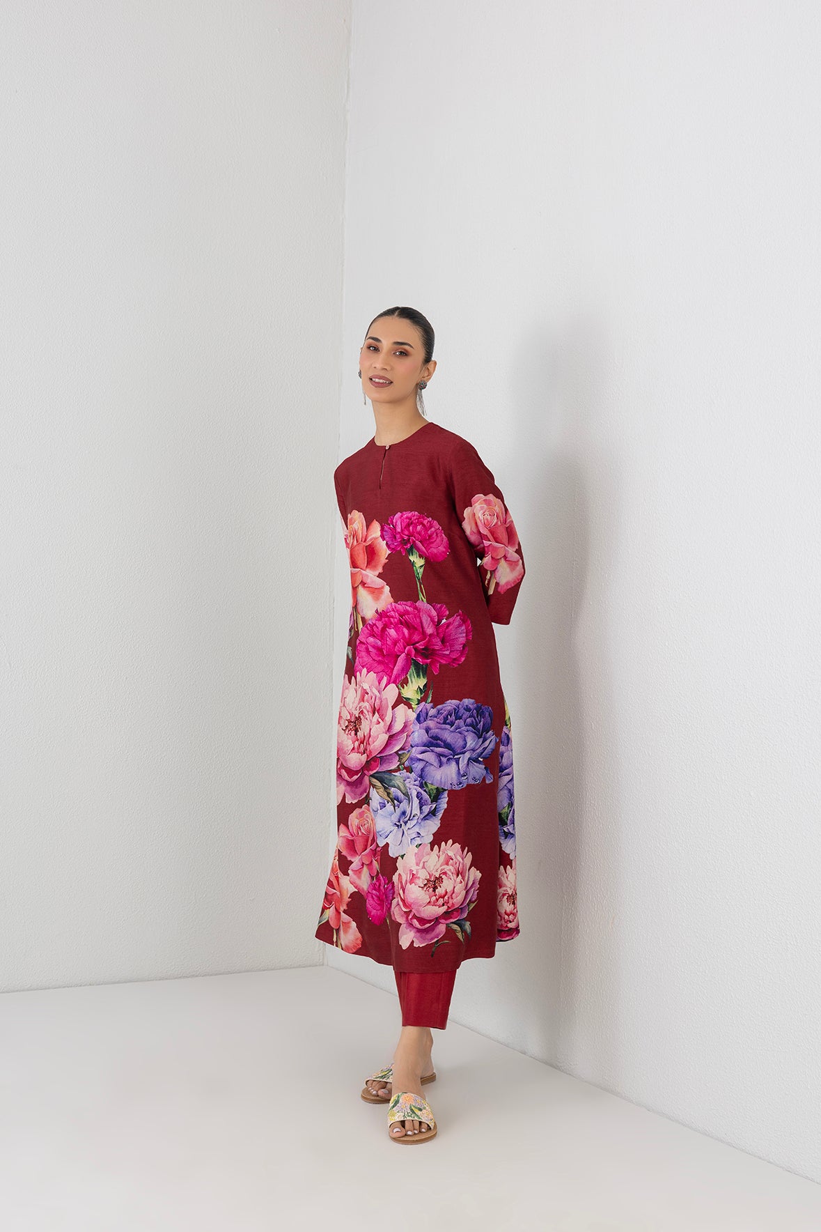 Scarlet Red Dupion Floral Printed Tunic