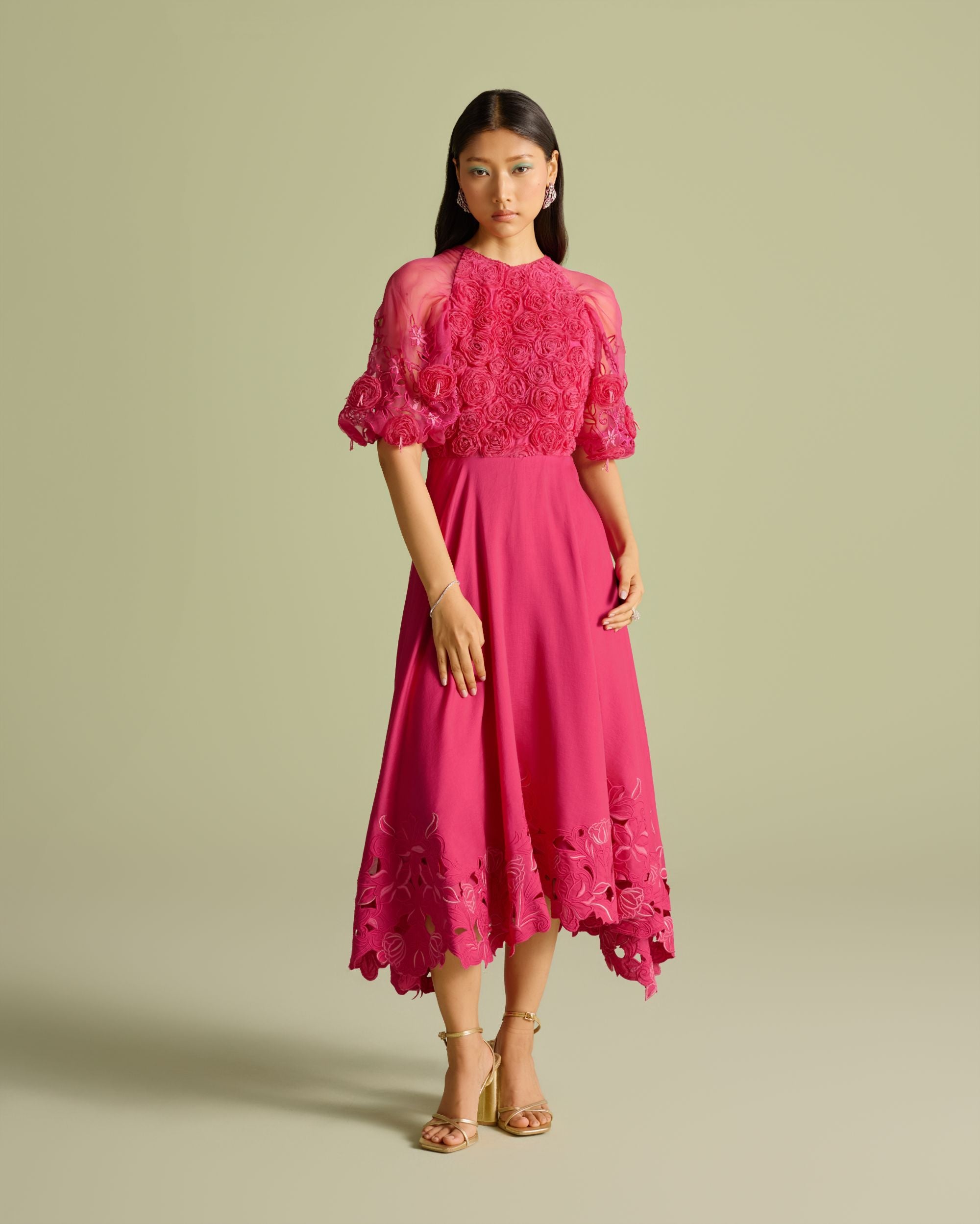 Fuchsia 3D Rose Applique & Cutwork Flounce Dress