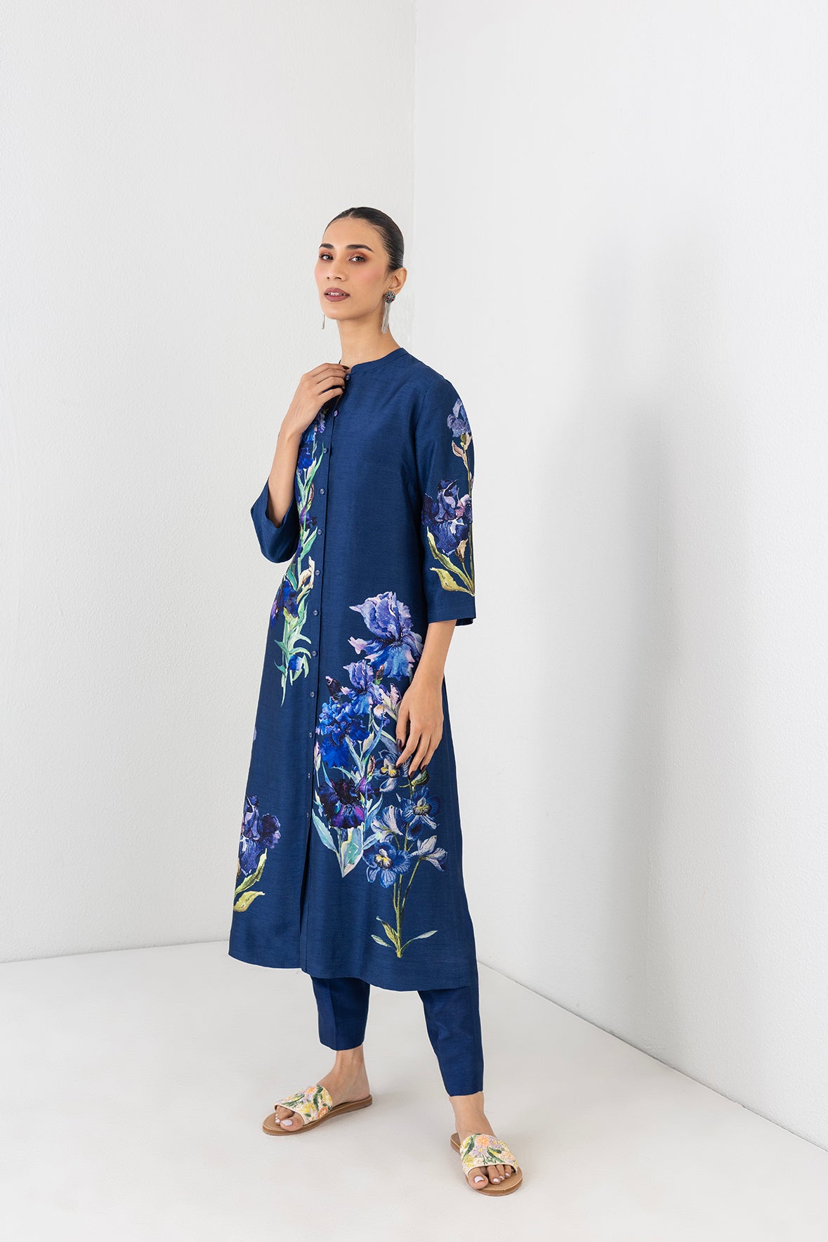 Blue Lagoon Dupion Floral Buta Printed Tunic