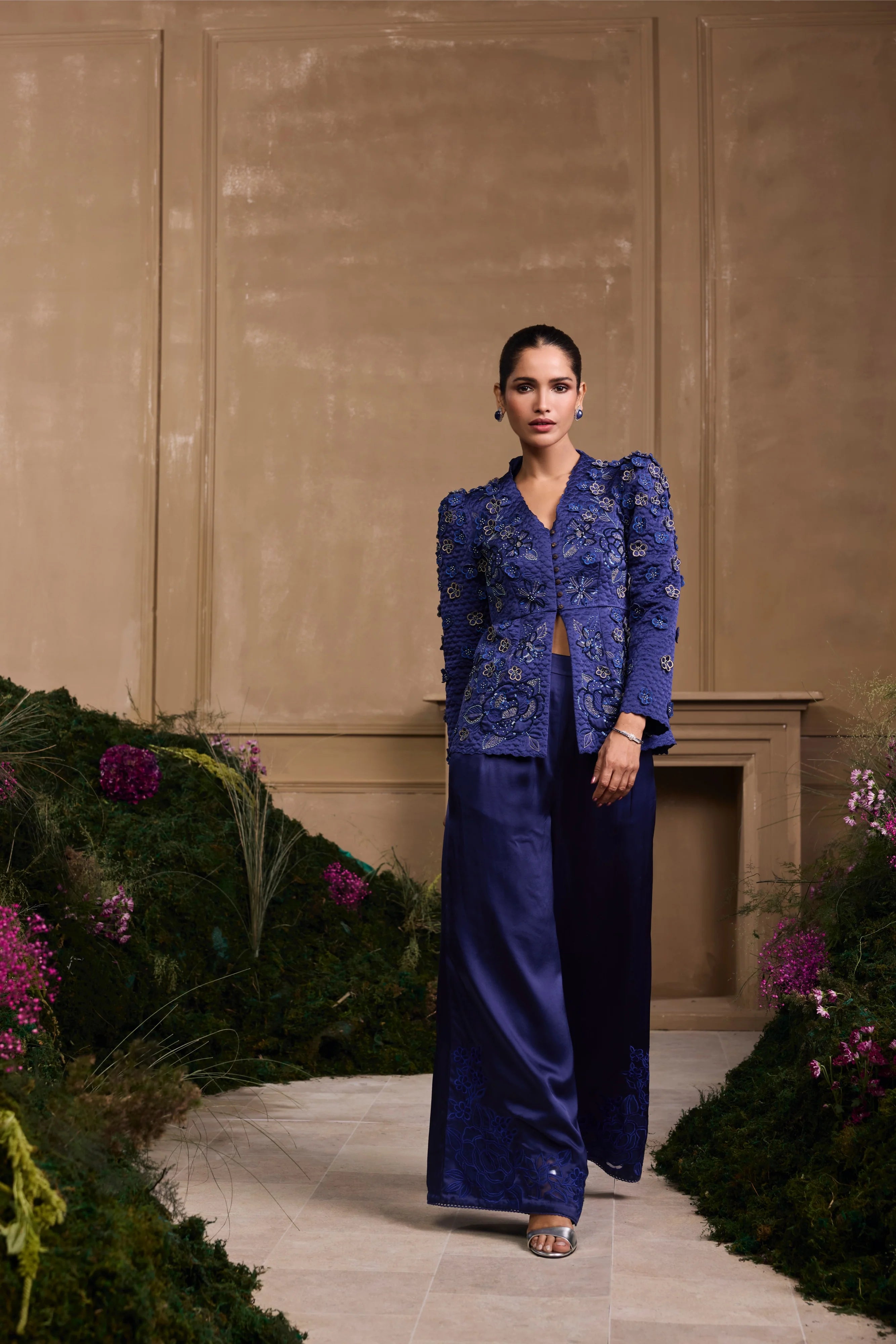 COBALT BLUE METALLIC QUILTED PEPLUM JACKET & PANT