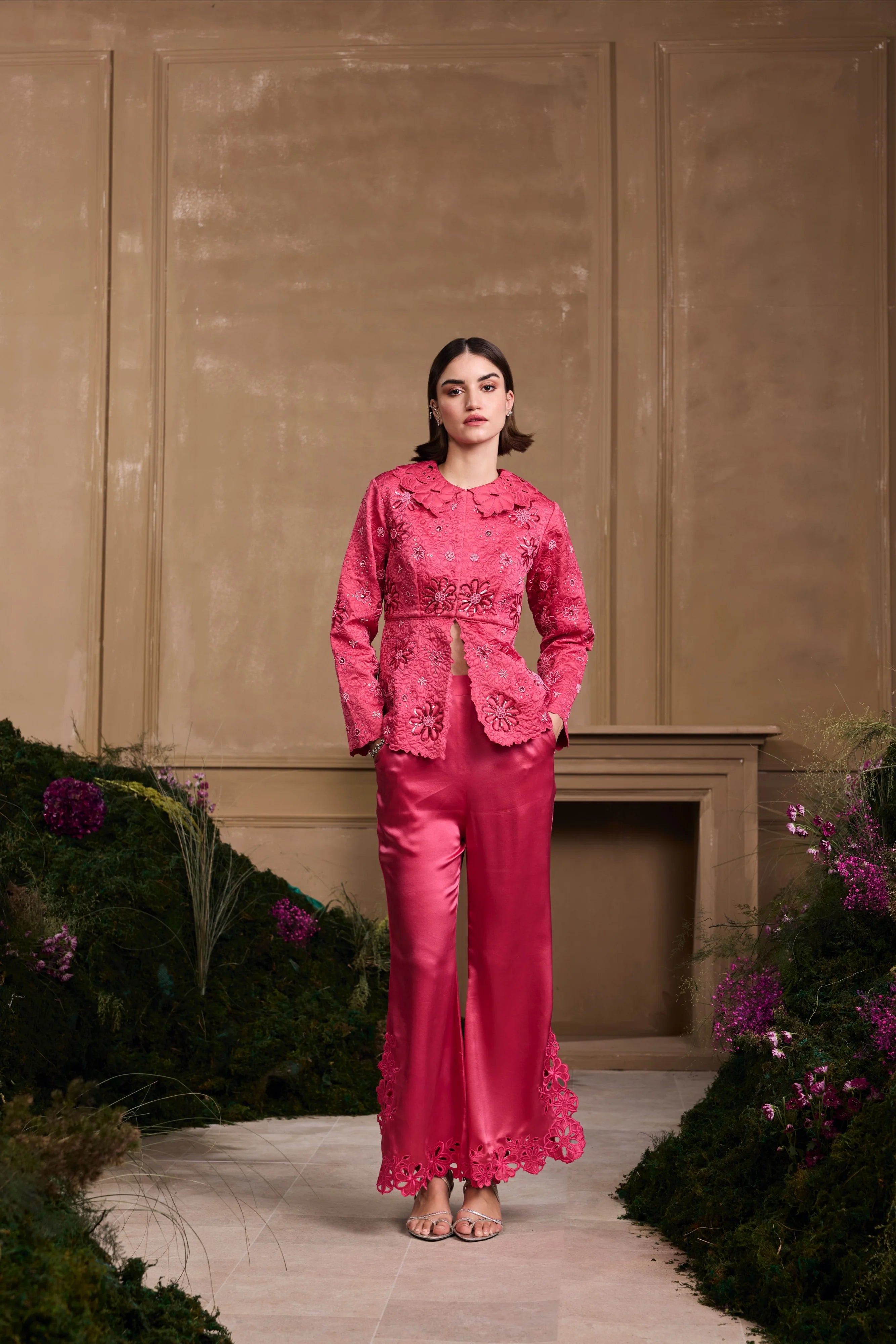 FUCHSIA CUTWORK BELL BOTTOM PANTS & JACKET