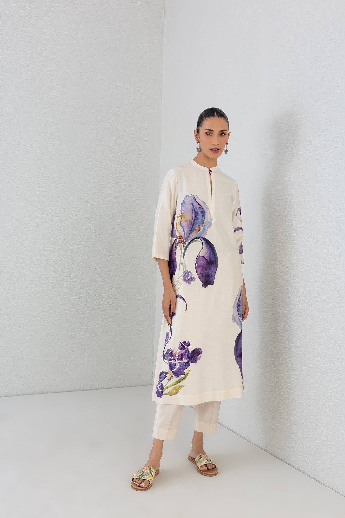 Dove Mist Silk Chanderi Iris Lily Printed Tunic