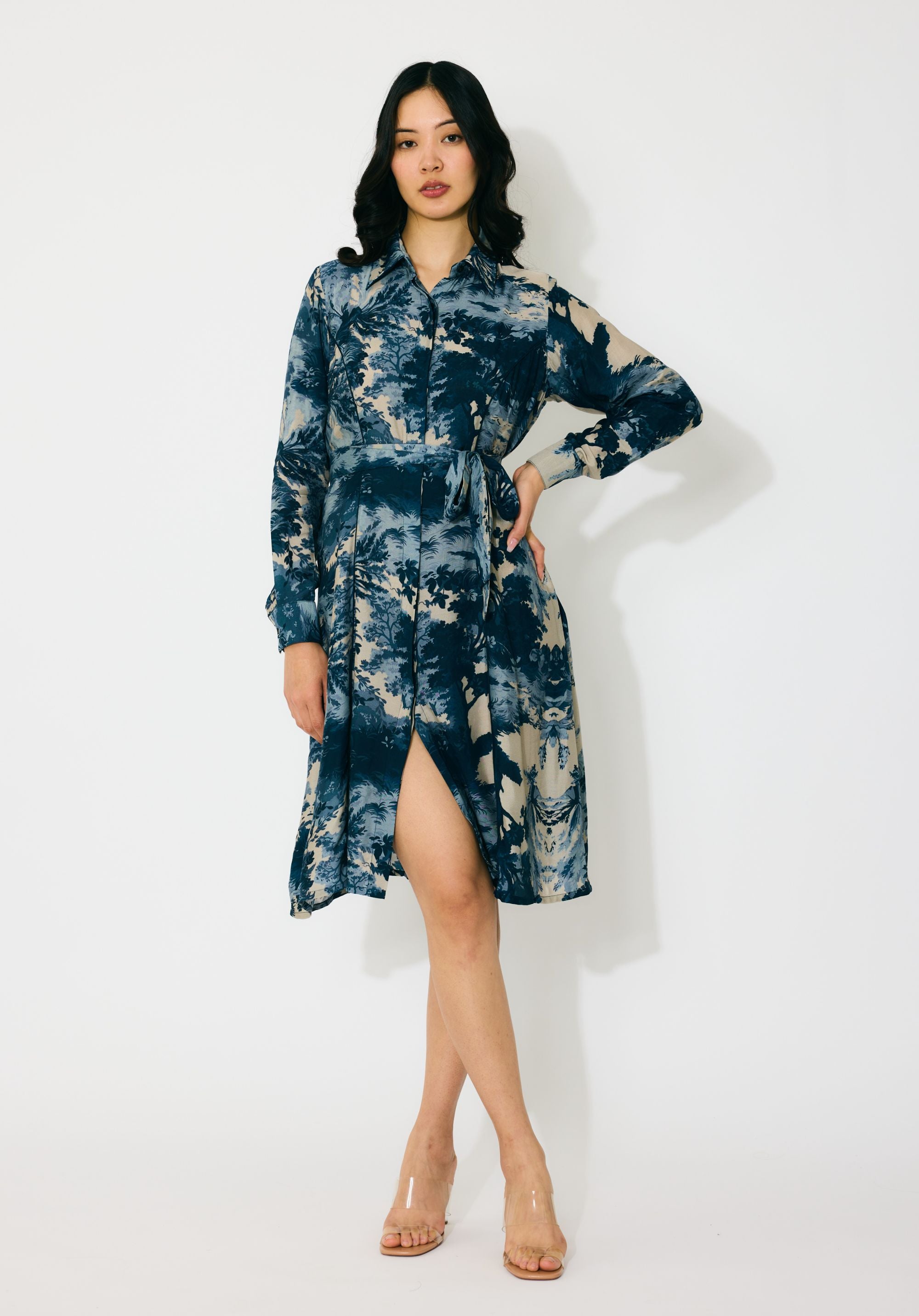 BLUE, INDIGO AND BEIGE TOILE PRINT SHIRT DRESS