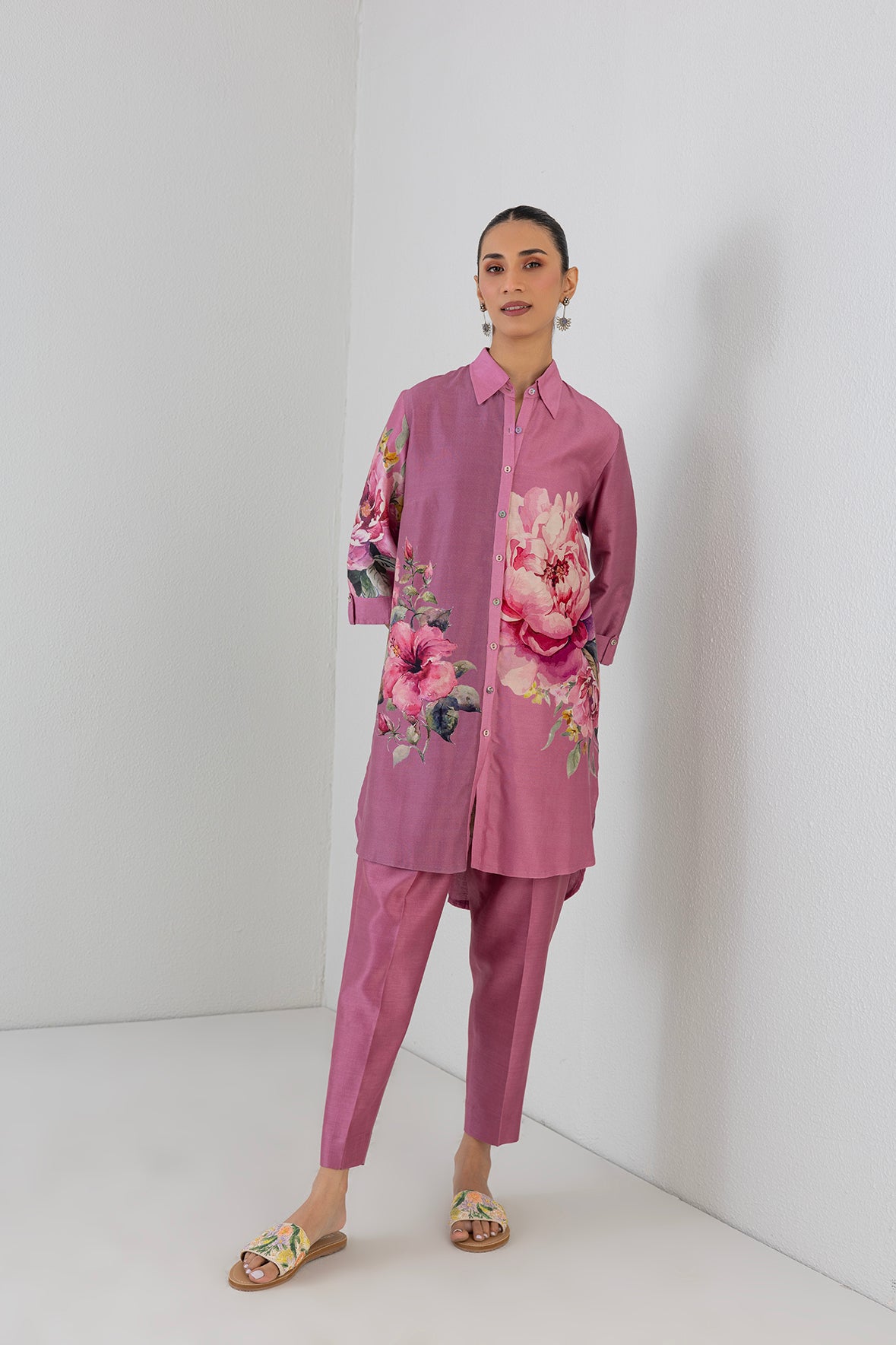 Blush Pink Silk Chanderi Peony Flower Printed Shirt