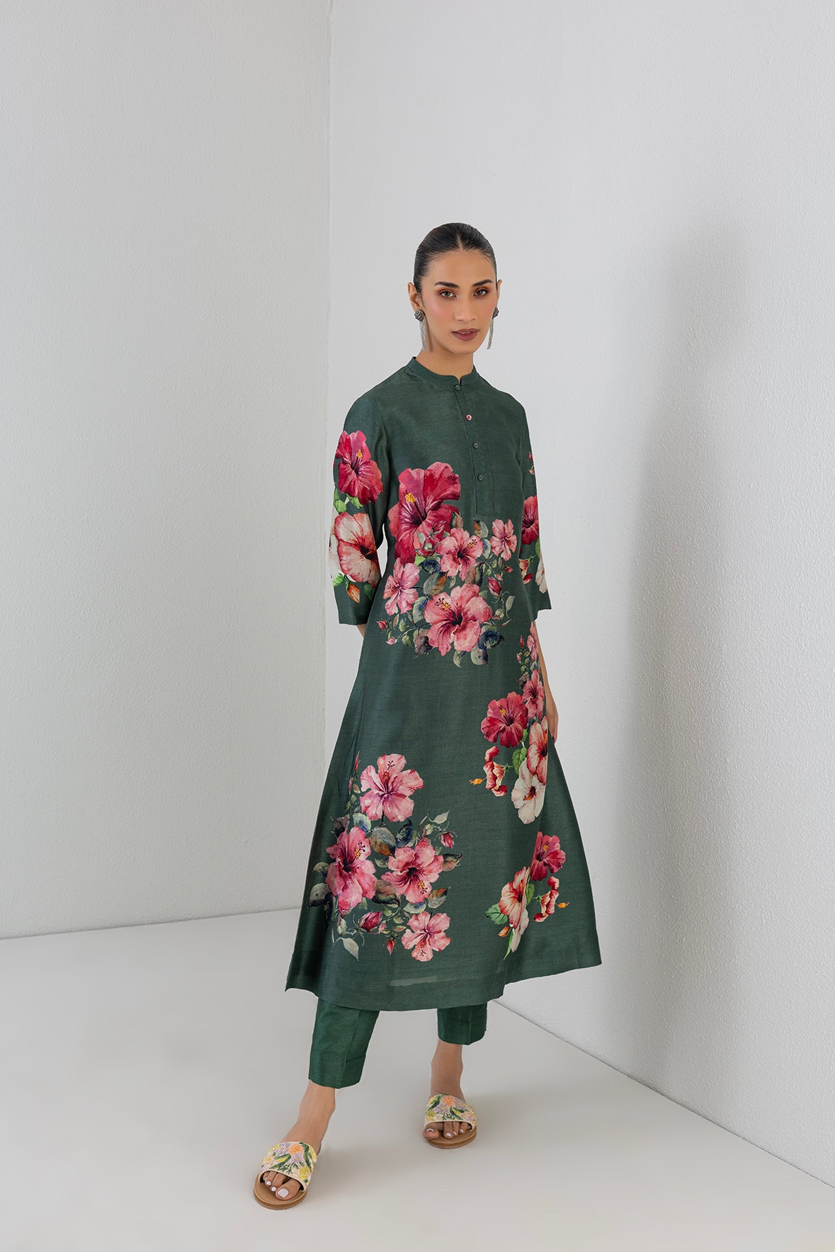 Minted Sage Dupion Hibiscus Printed Dress