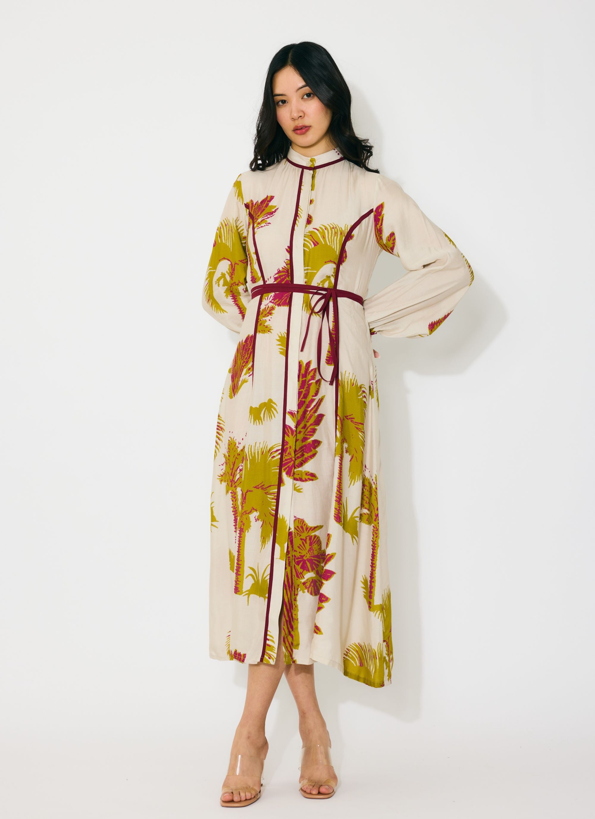 BEIGE, MUSTARD AND HOT PINK FLORAL SHIRT DRESS