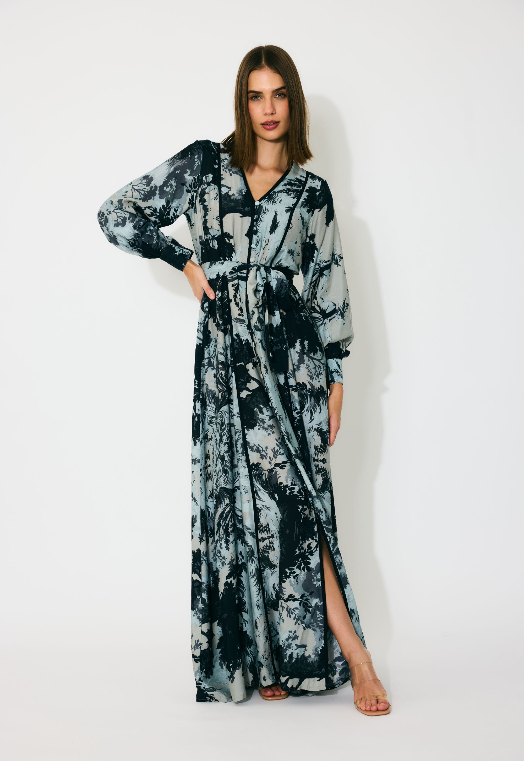 BLUE AND BLACK TOILE PRINT DRESS
