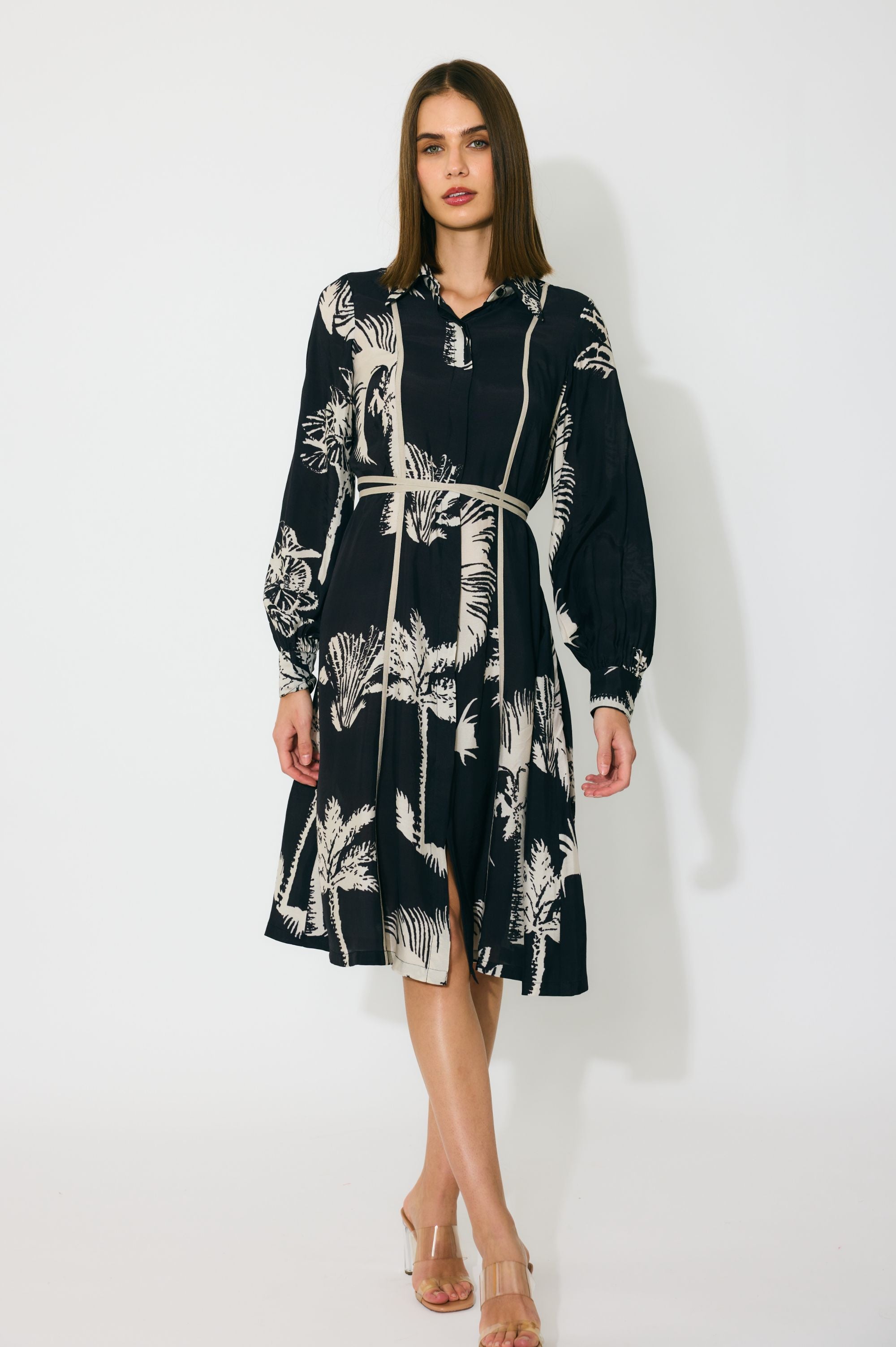 BLACK AND BEIGE FLORAL SHIRT DRESS