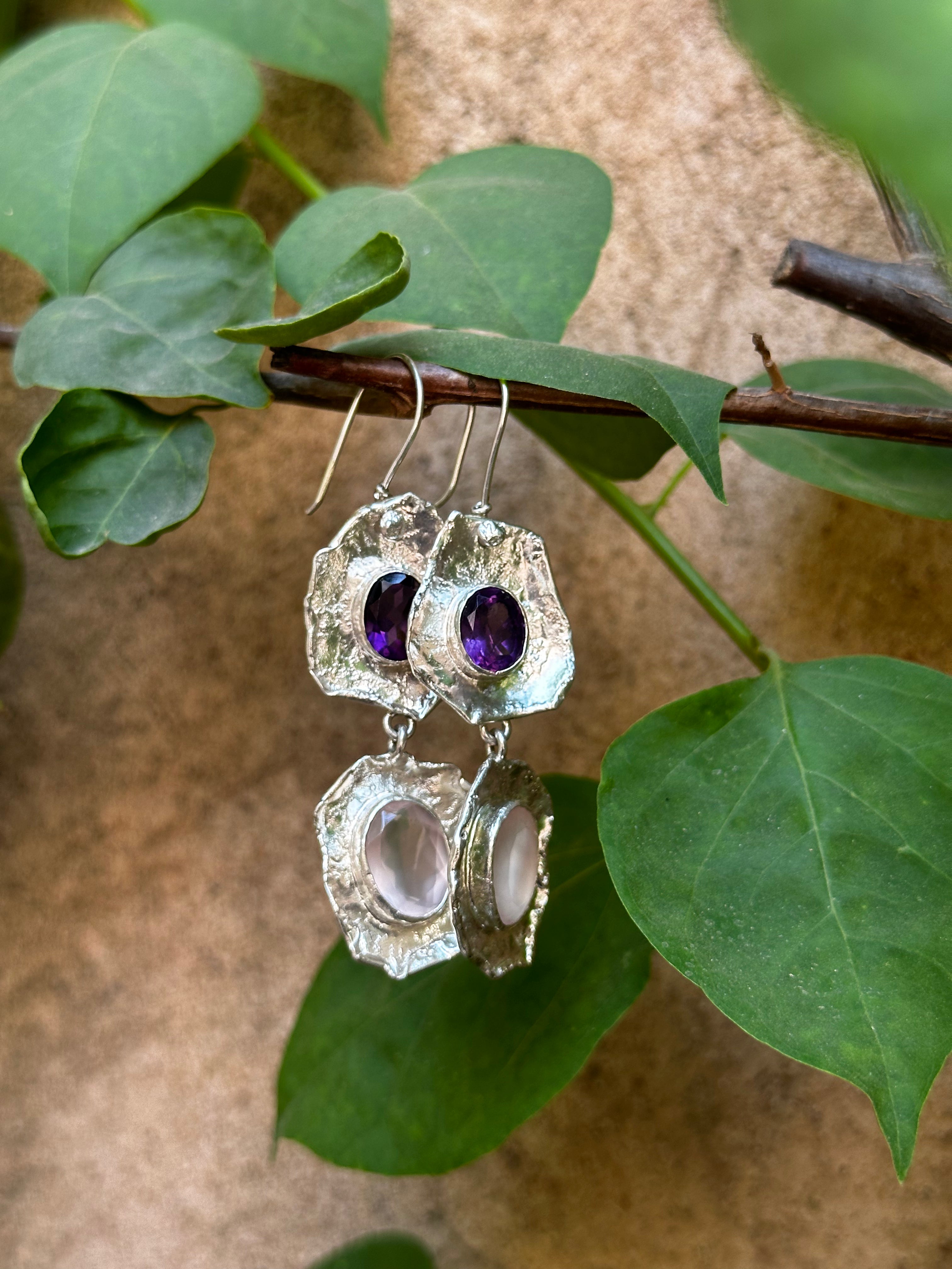 Twilight Bloom –  Dual-Stone Sculpted  Silver Earrings