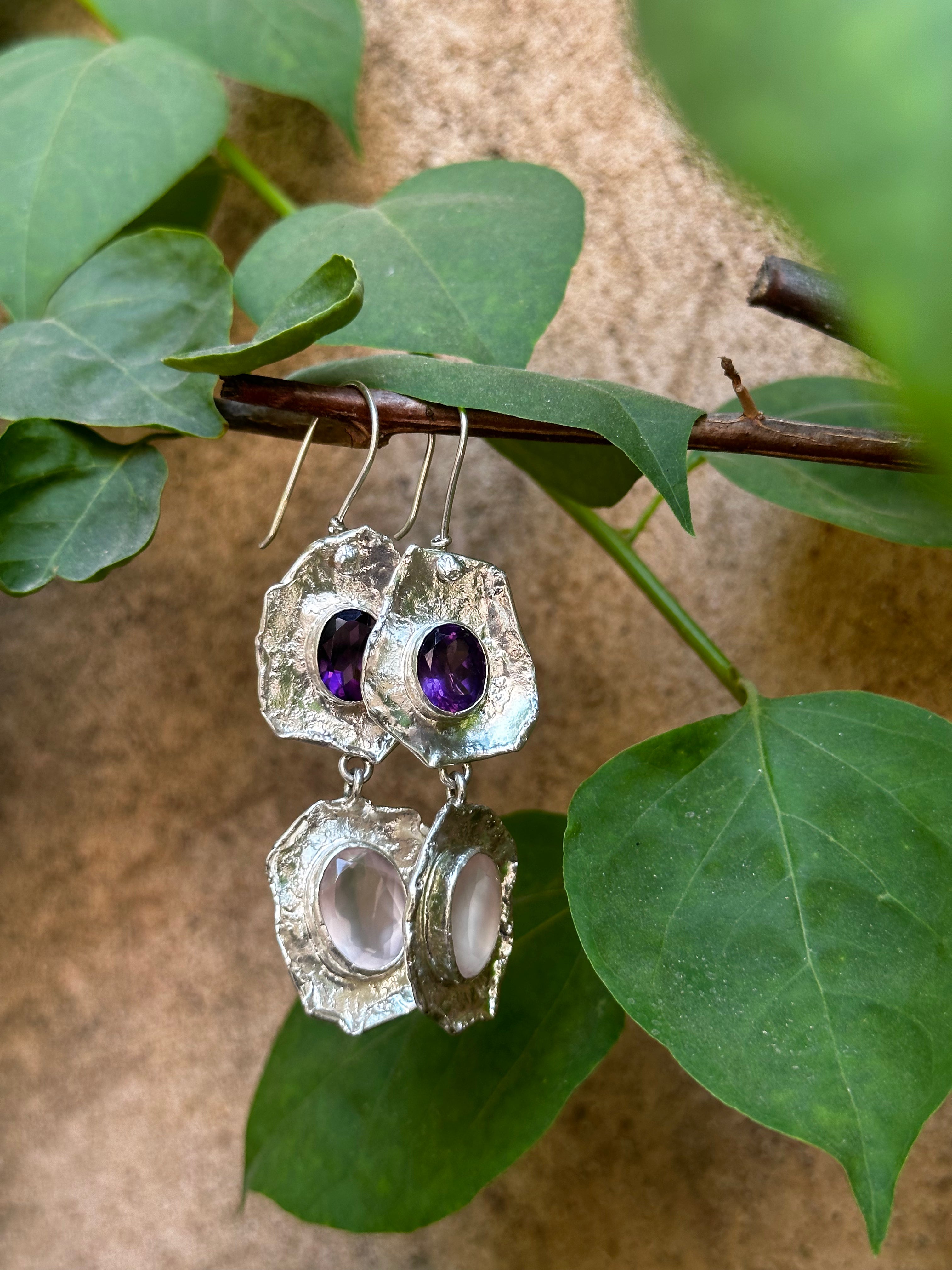 Twilight Bloom –  Dual-Stone Sculpted  Silver Earrings