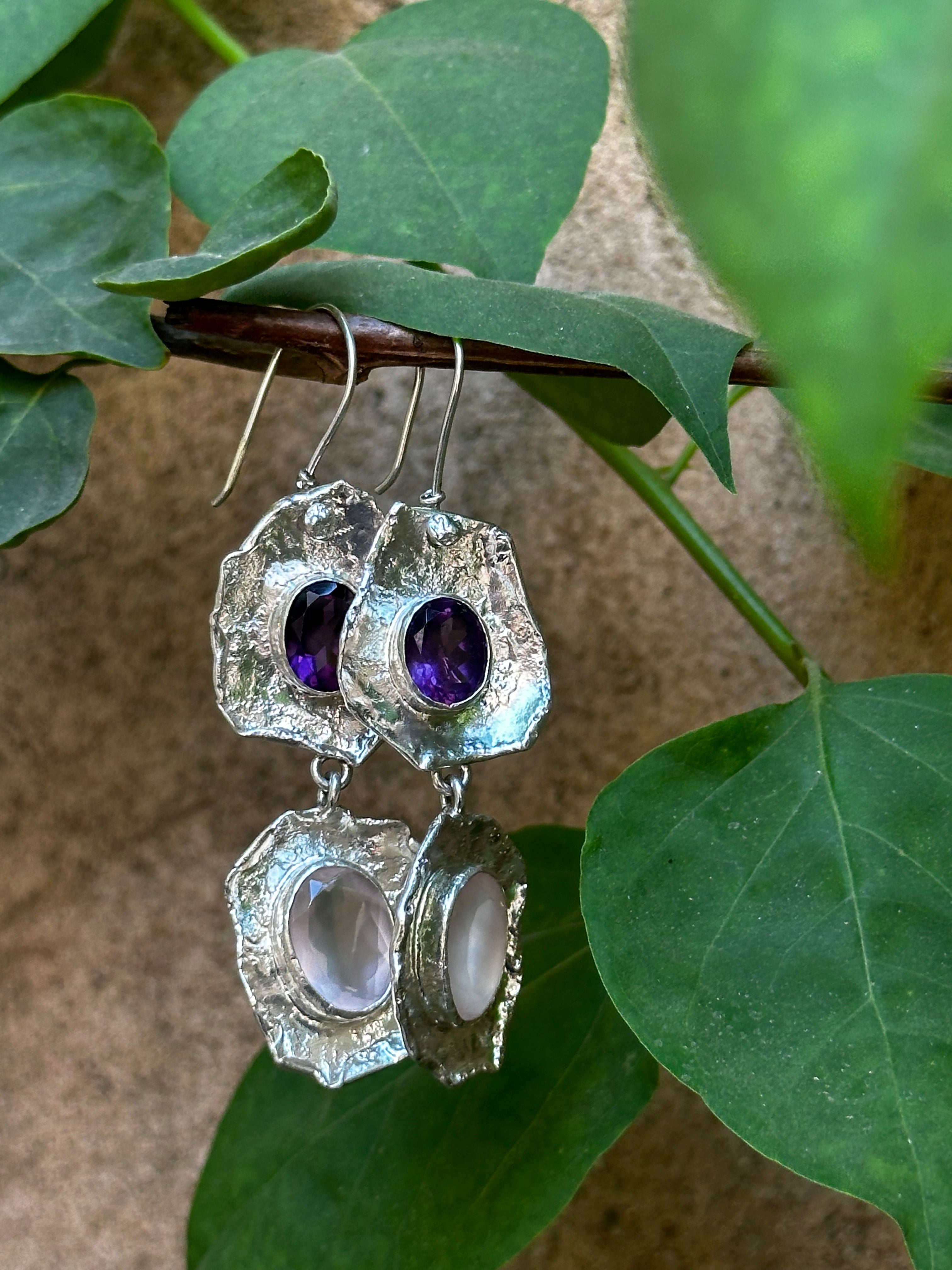 Twilight Bloom –  Dual-Stone Sculpted  Silver Earrings