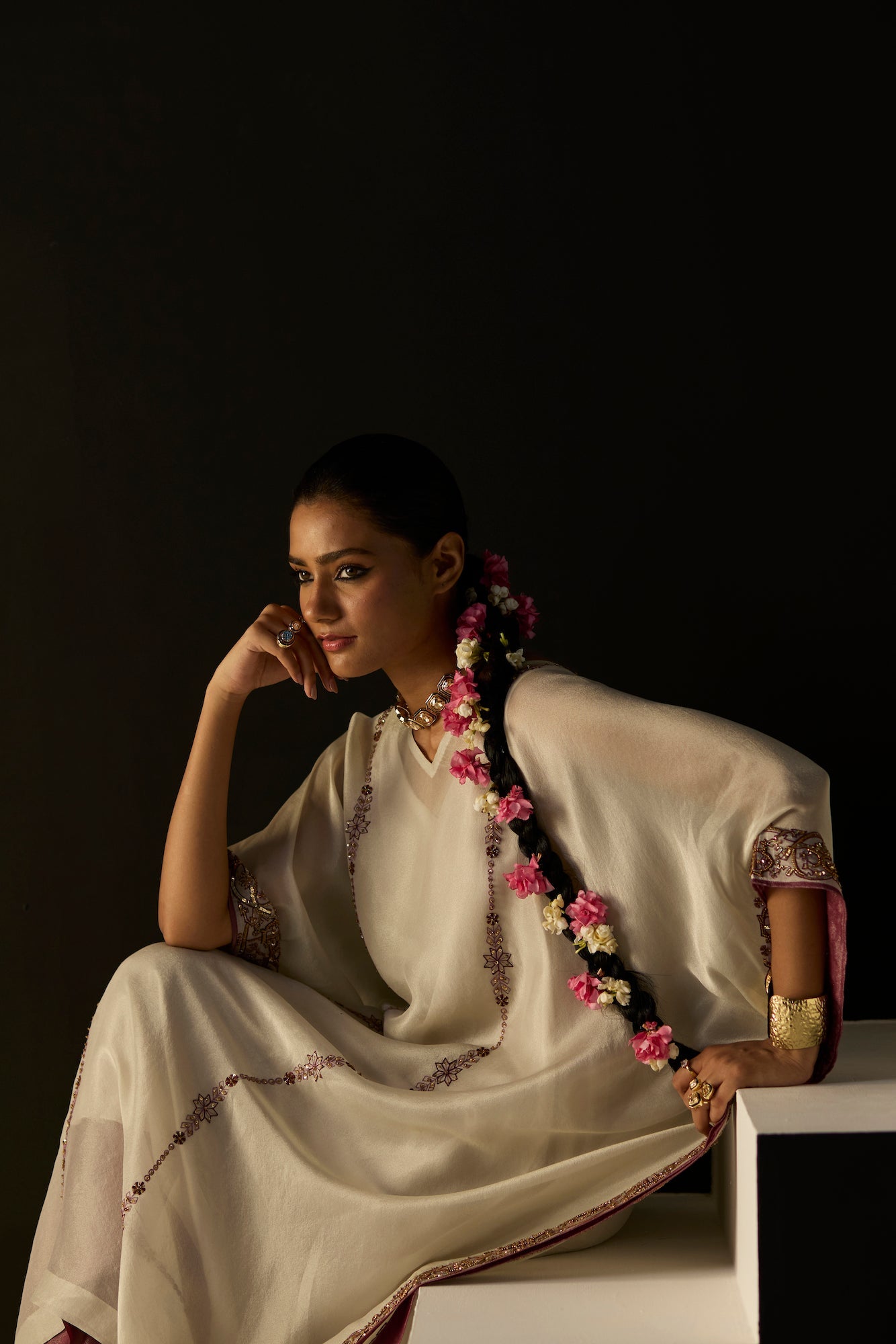 Elegant White Rana Tissue Silk Kaftan Set with Undershirt and Pants