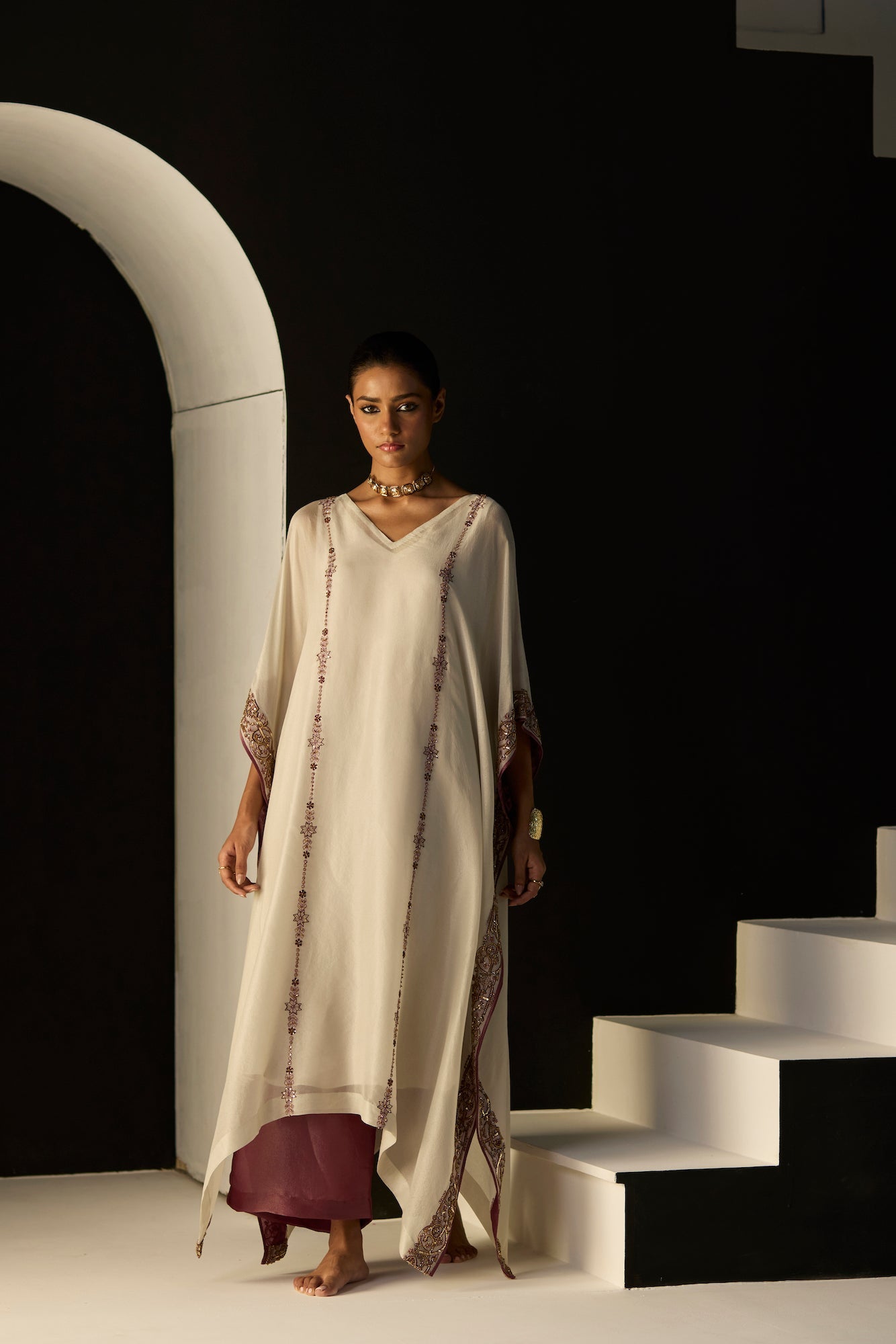 Elegant White Rana Tissue Silk Kaftan Set with Undershirt and Pants