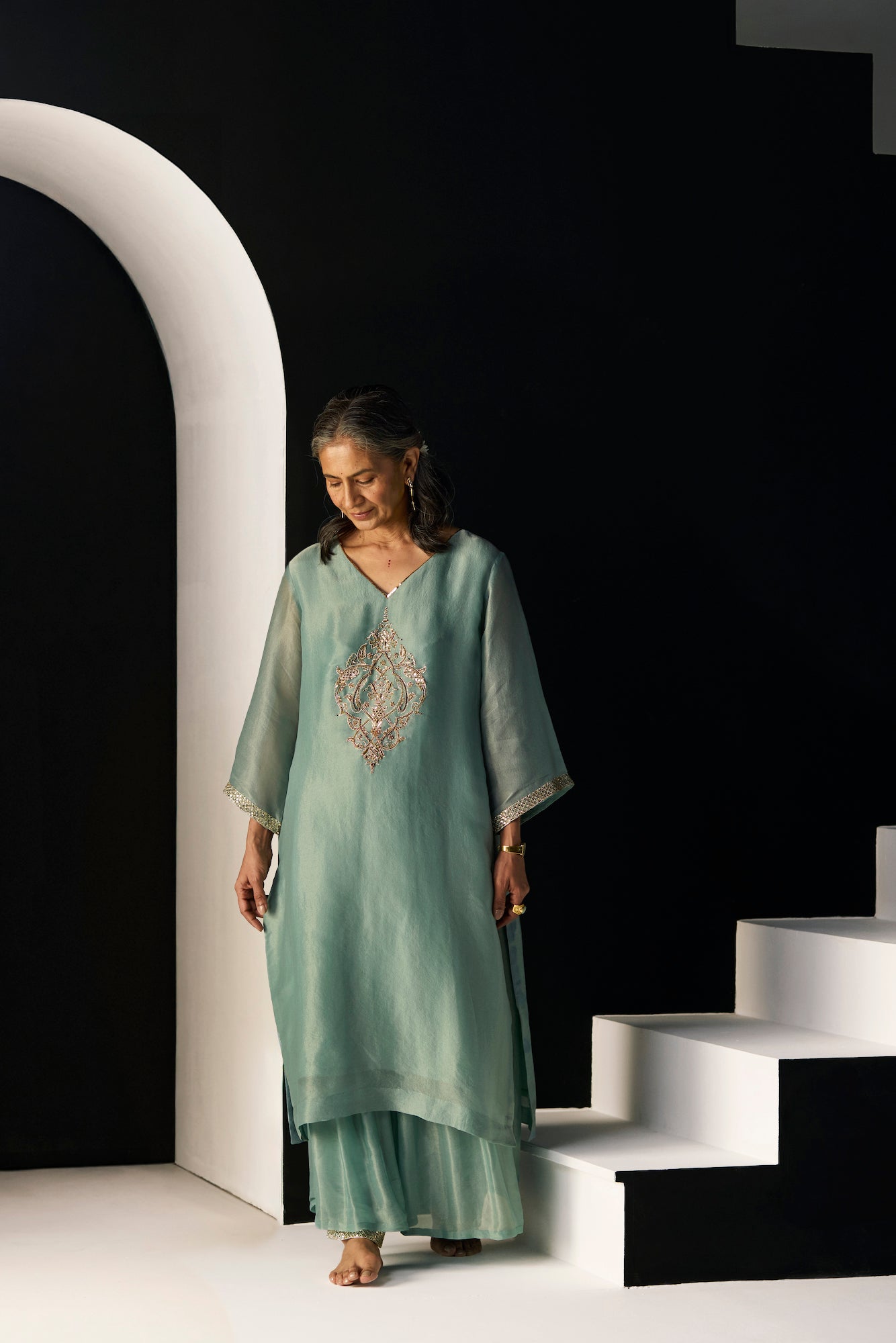 Elegant Blue Sana Suit: Tissue Silk Dupatta, Satin Kurta, Stylish Pants Ensemble
