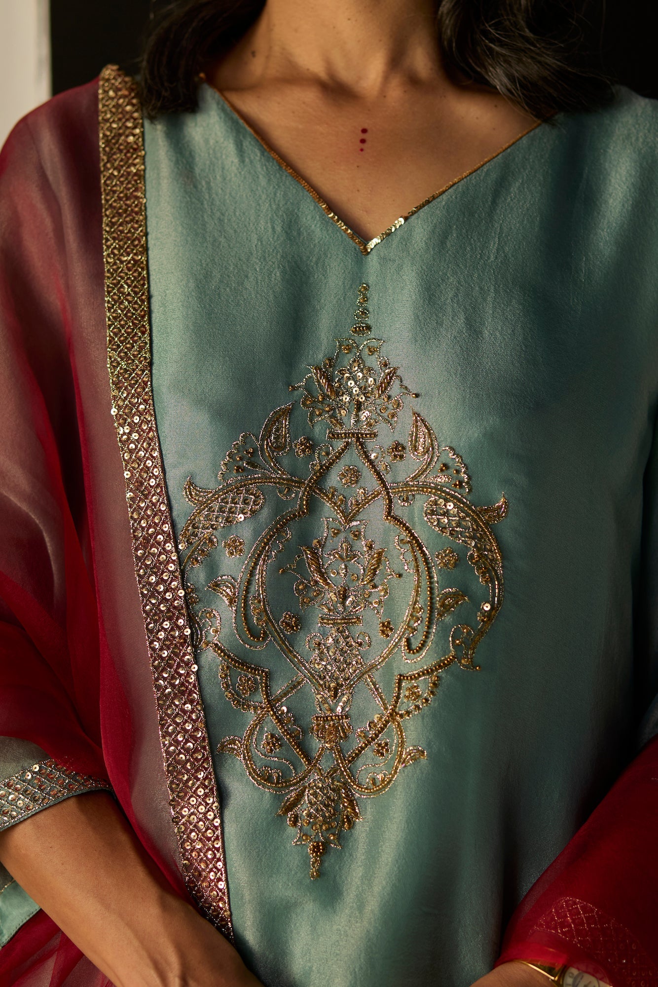 Elegant Blue Sana Suit: Tissue Silk Dupatta, Satin Kurta, Stylish Pants Ensemble