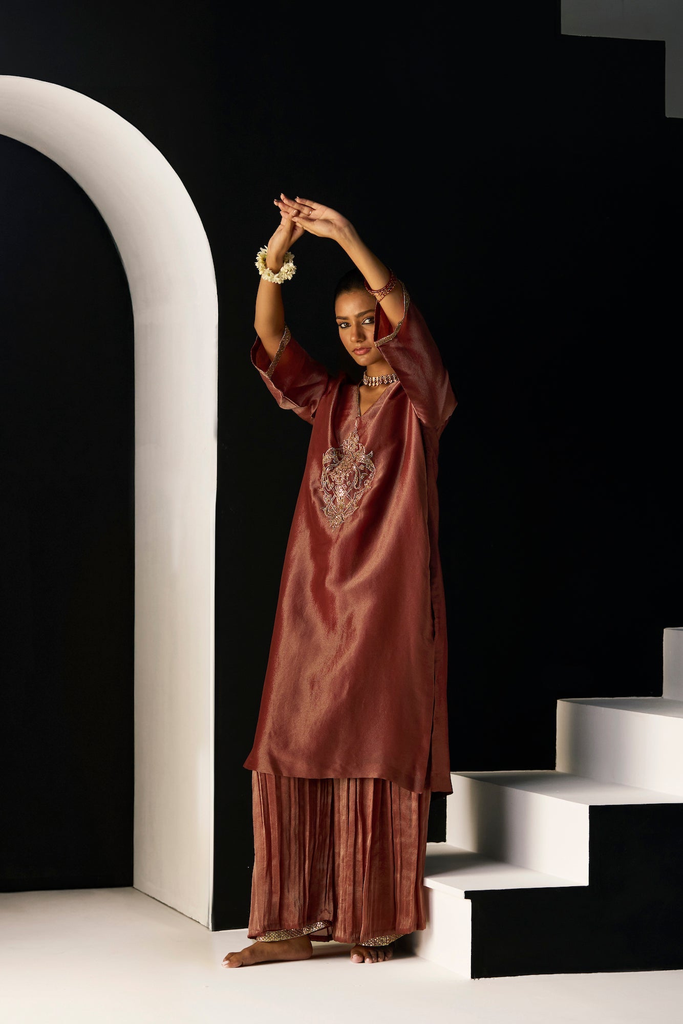 Luxurious Rust Sana Tissue Silk Suit: Elegant 3-Piece Kurta, Pants, Dupatta Ensemble