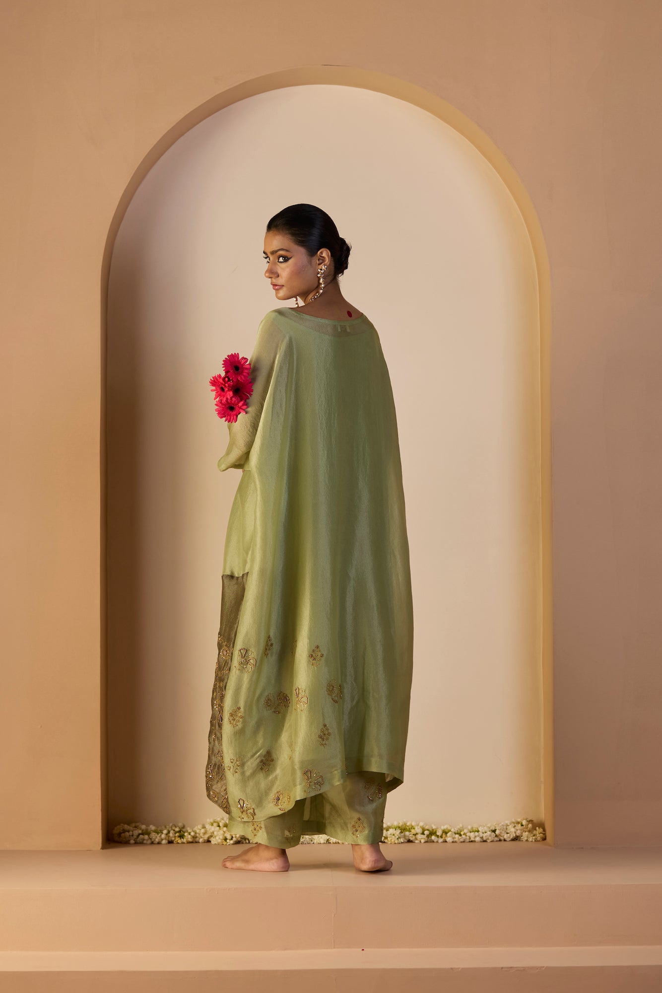 Luxurious Green Zehra Tissue Silk Kaftan Set for Women