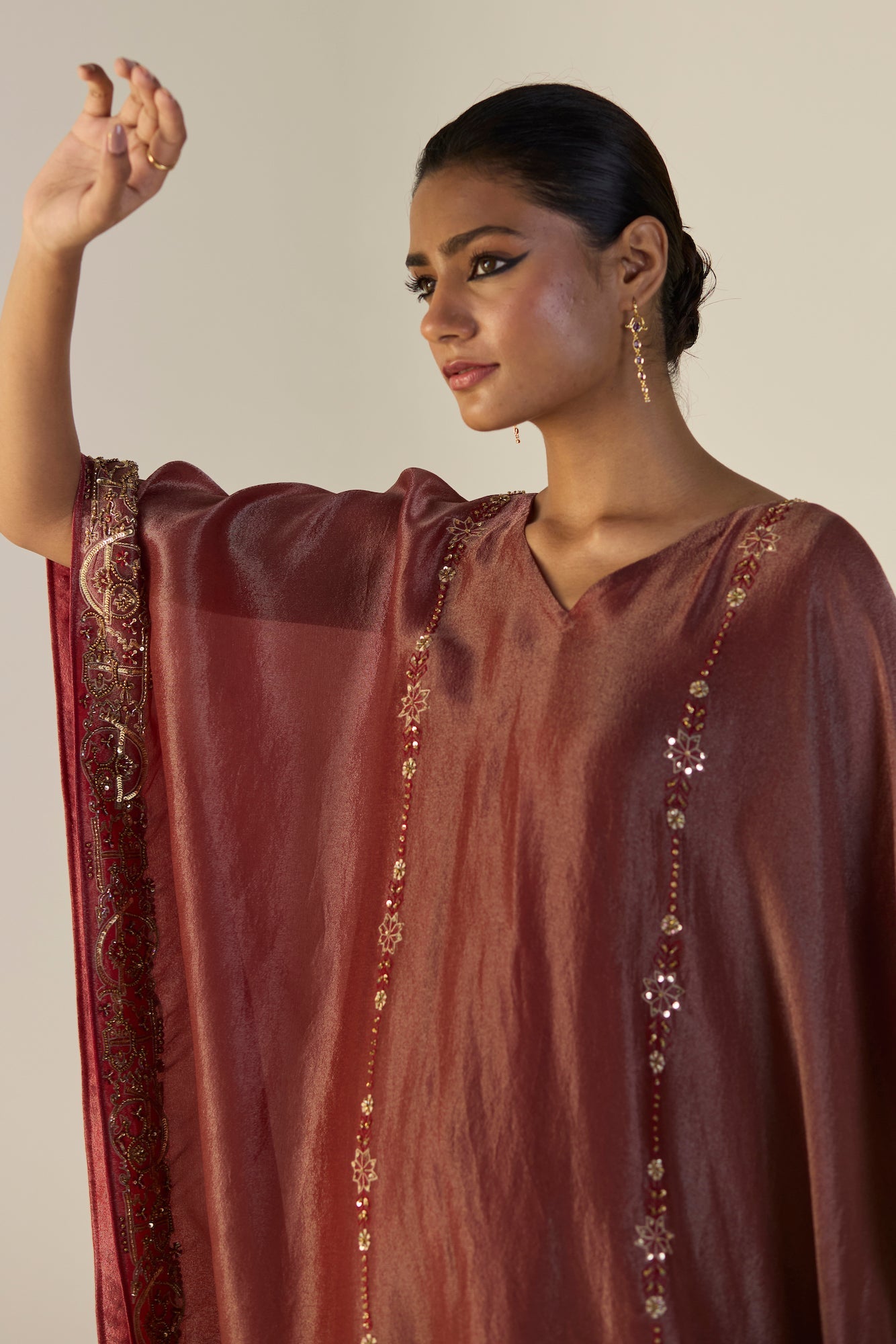 Elegant Rust Orange Tissue Silk Kaftan Set with Satin Undershirt and Pants