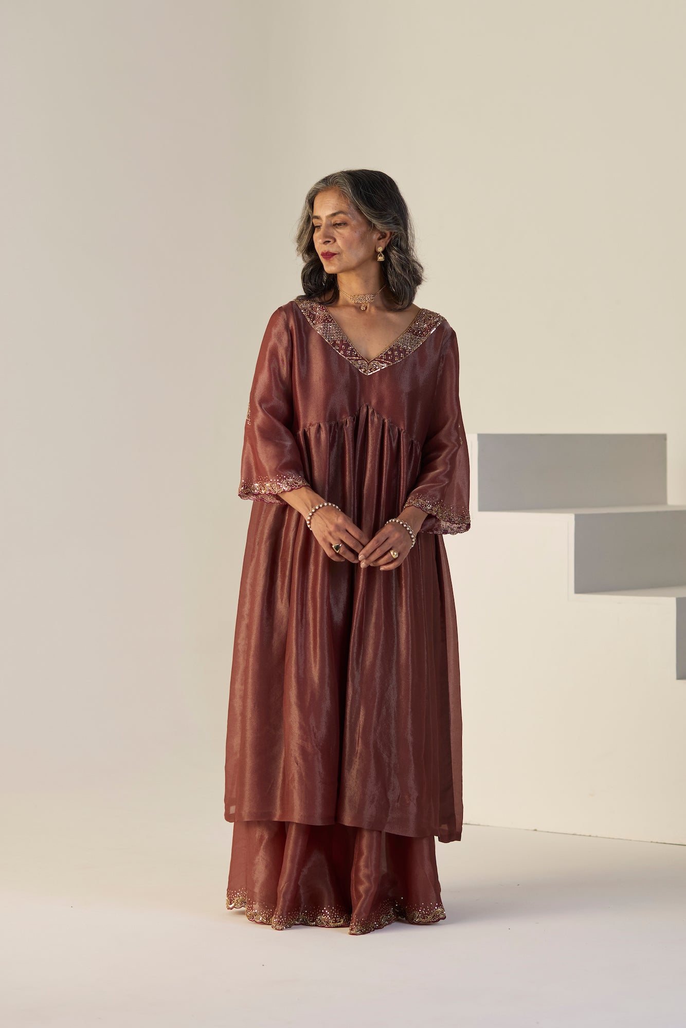 Elegant Rust Tissue Silk Lehenga Set: Kurta Skirt Dupatta Ensemble