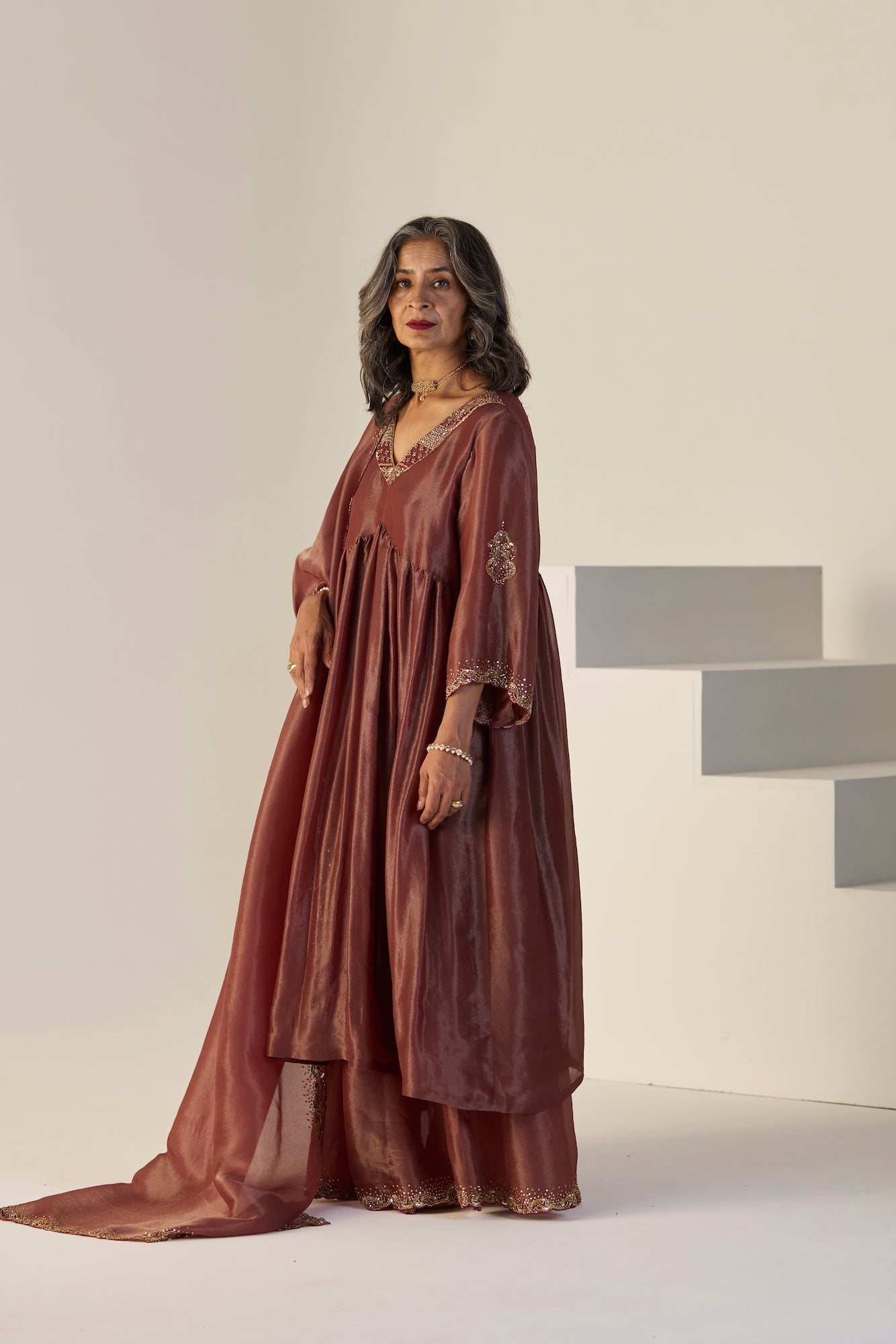 Elegant Rust Tissue Silk Lehenga Set: Kurta Skirt Dupatta Ensemble