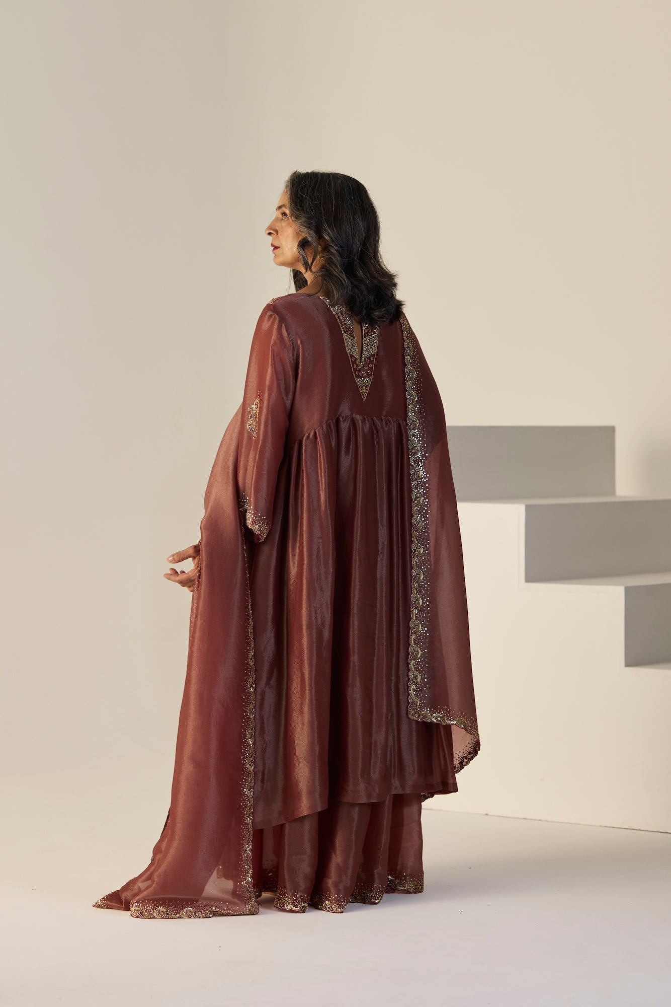 Elegant Rust Tissue Silk Lehenga Set: Kurta Skirt Dupatta Ensemble