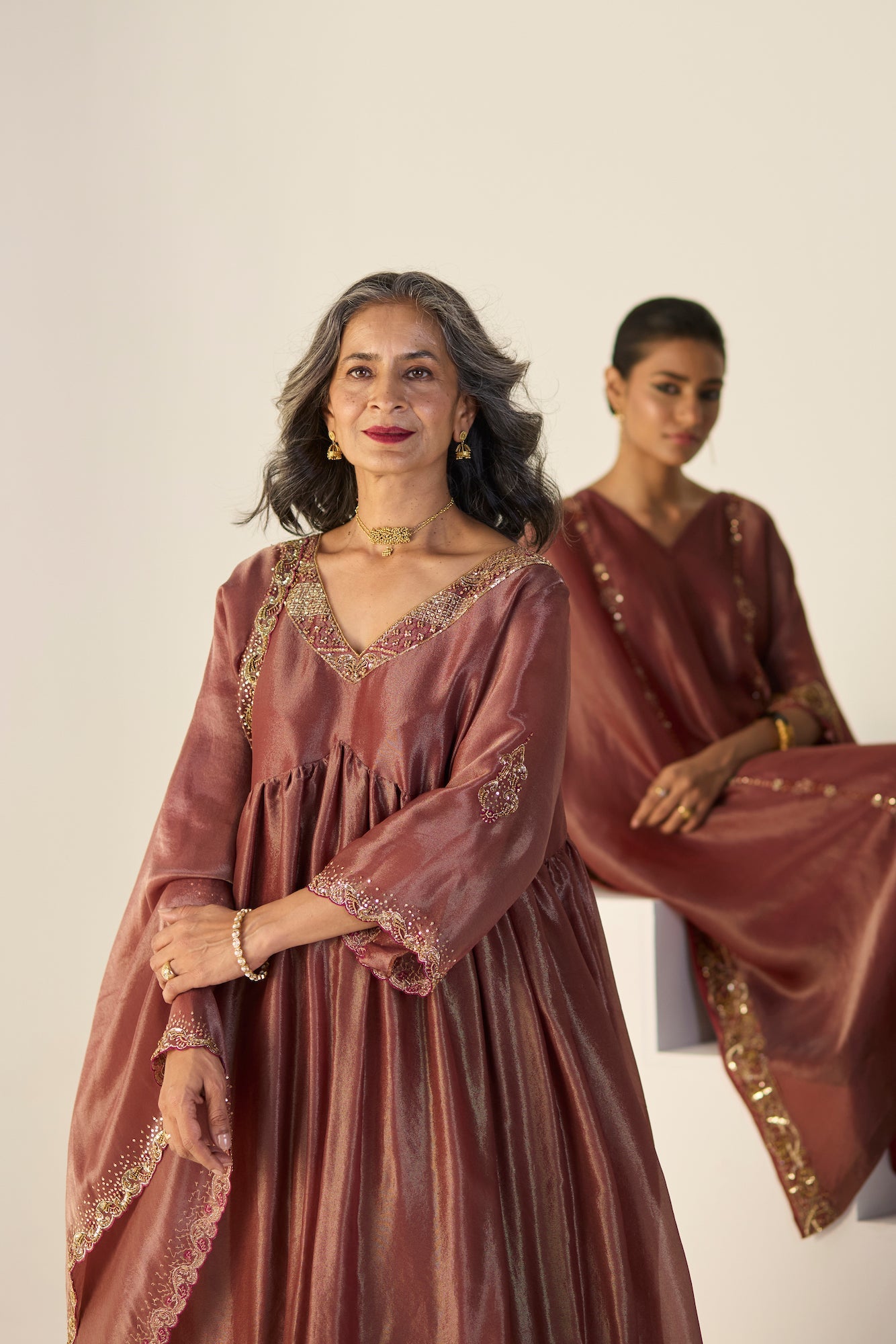 Elegant Rust Tissue Silk Lehenga Set: Kurta Skirt Dupatta Ensemble