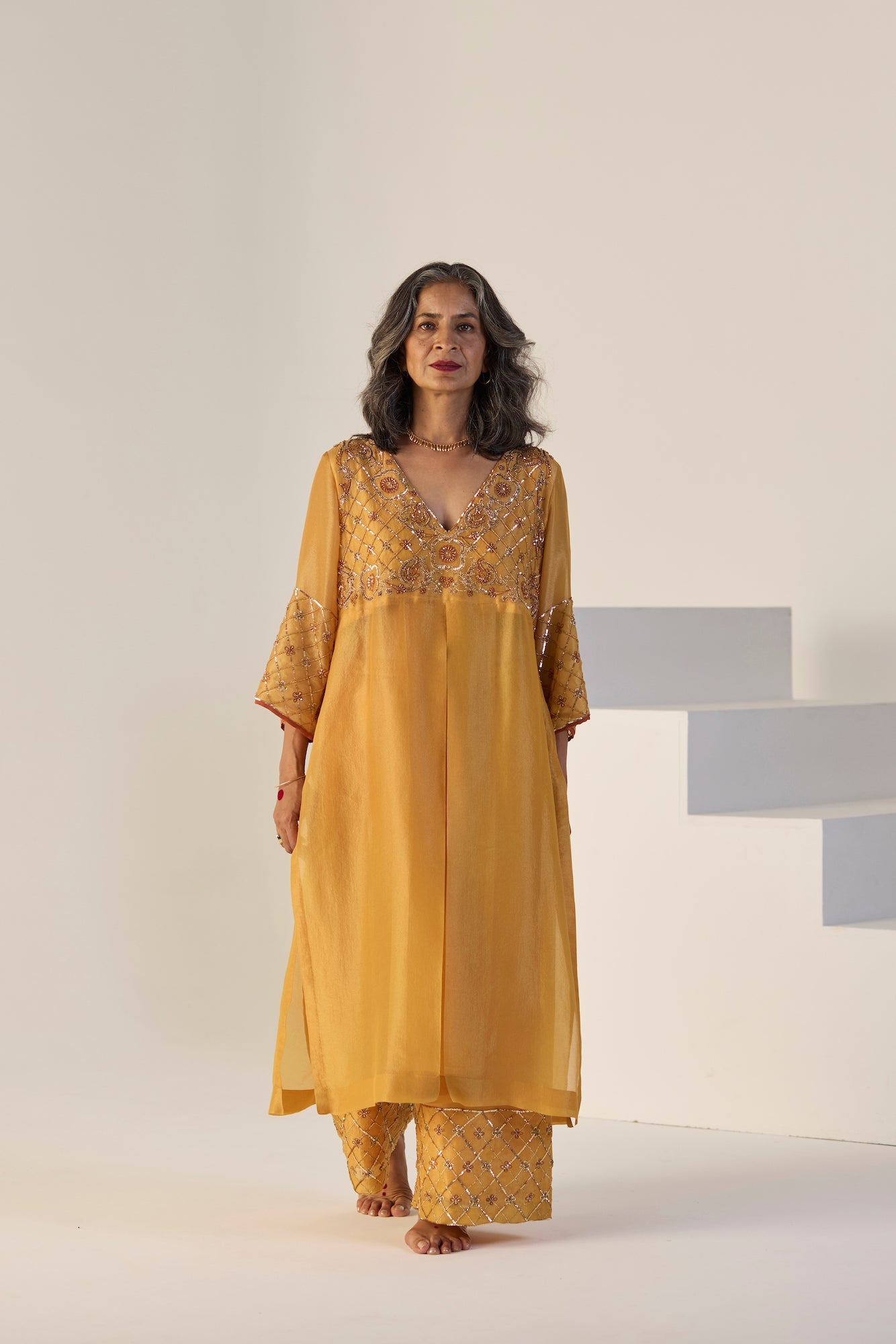 Vibrant Yellow Badla Tissue Silk Suit Set: Elegant Kurta, Pants, and Dupatta