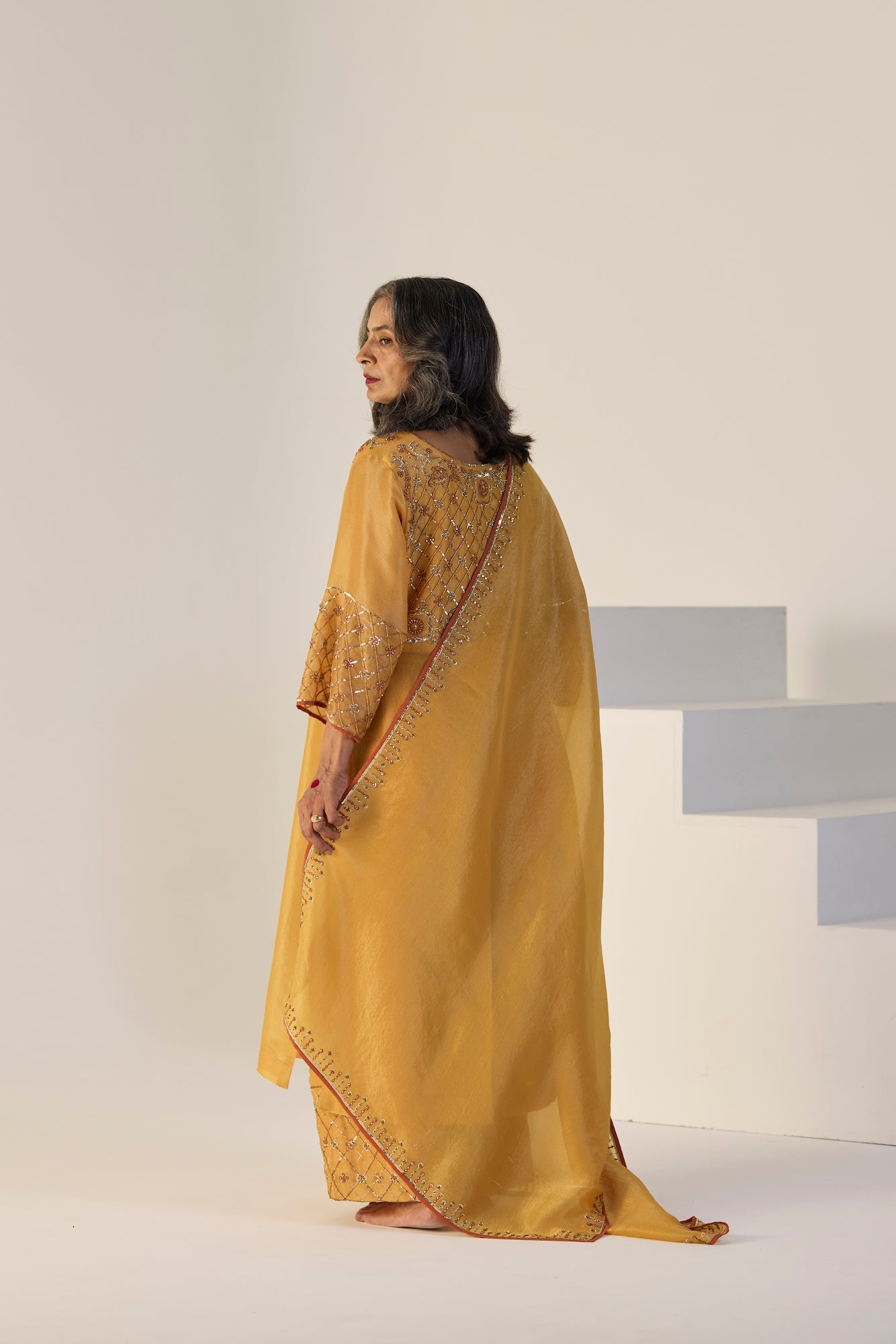 Vibrant Yellow Badla Tissue Silk Suit Set: Elegant Kurta, Pants, and Dupatta