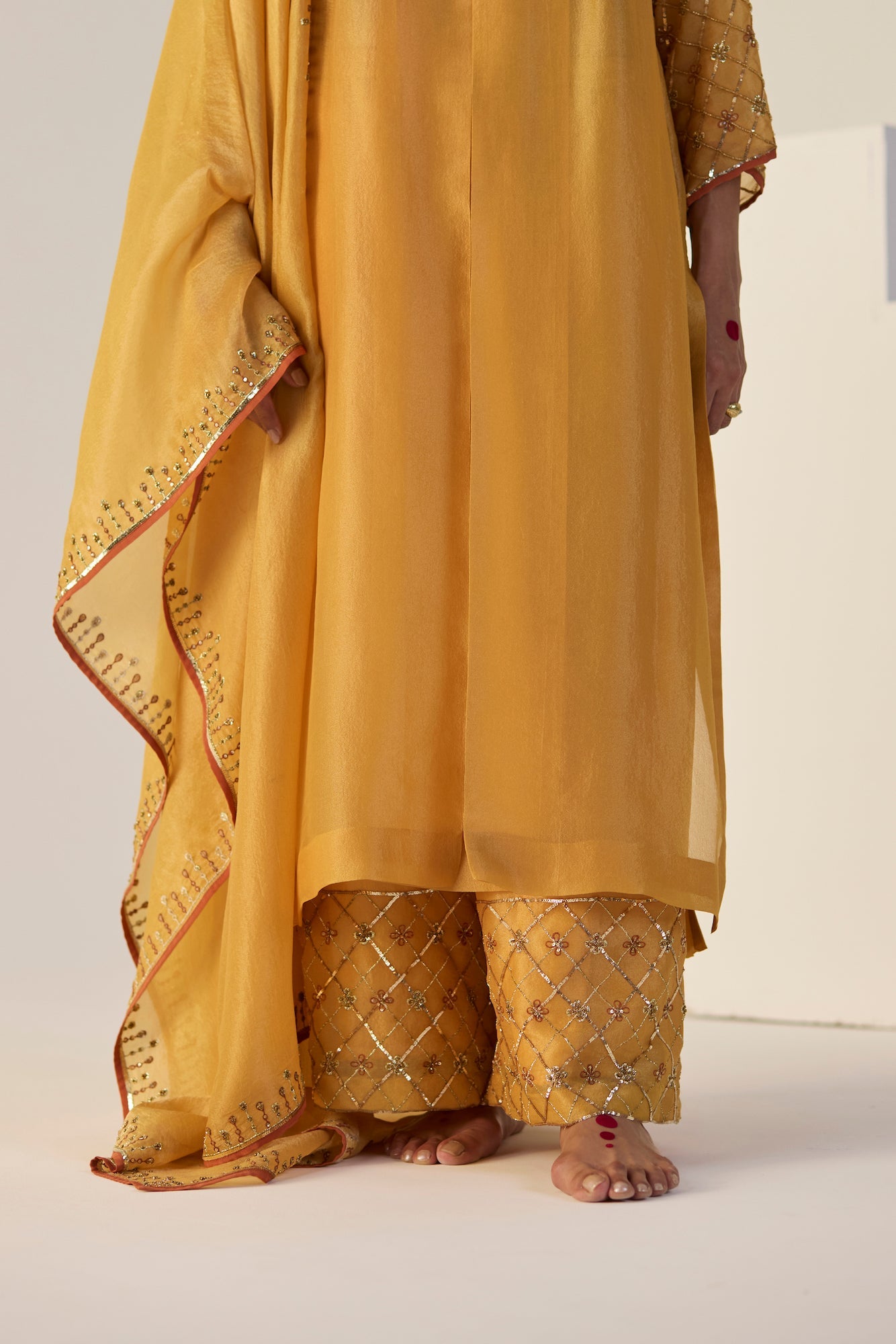 Vibrant Yellow Badla Tissue Silk Suit Set: Elegant Kurta, Pants, and Dupatta