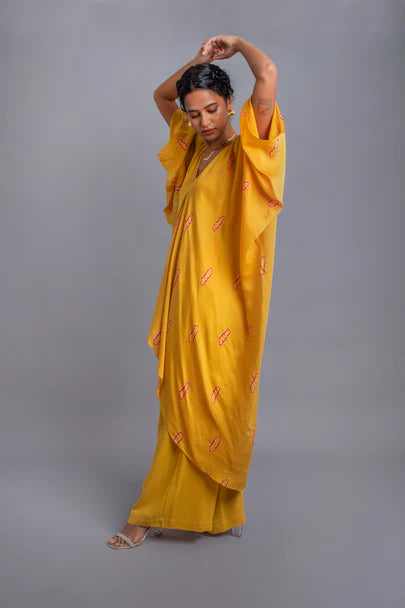 Silk Tie-dye Draped Kaftan Set