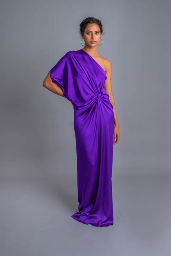 Silk Knot Draped One Shoulder Dress