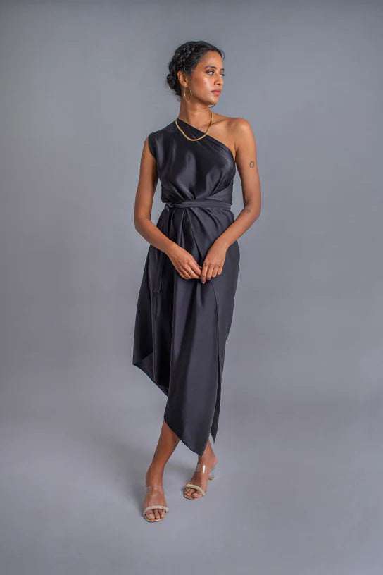 Silk One Shoulder Midi Wrap Dress