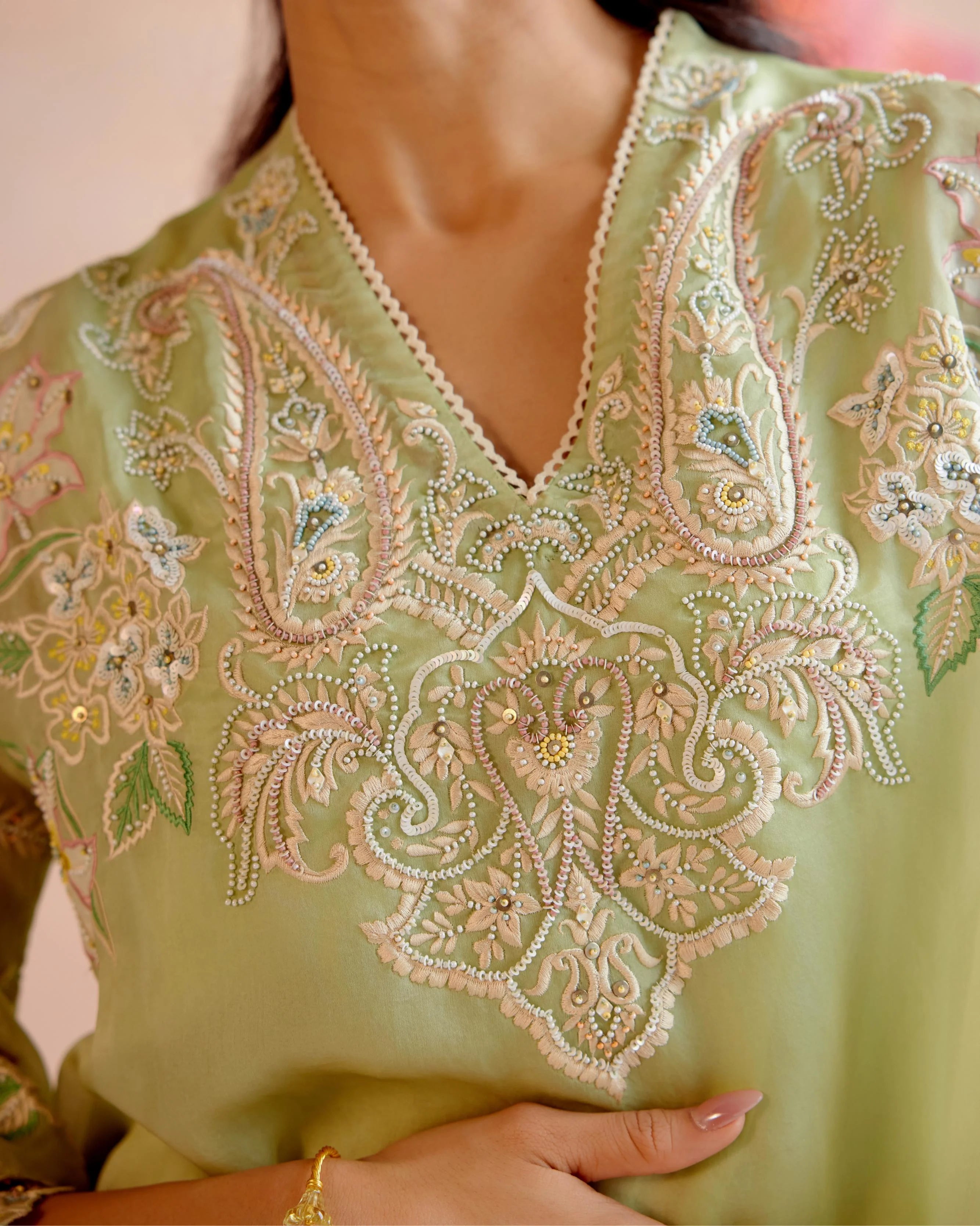 Mint Green Contrast Paisley Embroidered Tunic With Ivory Embroidered Tulip Pants