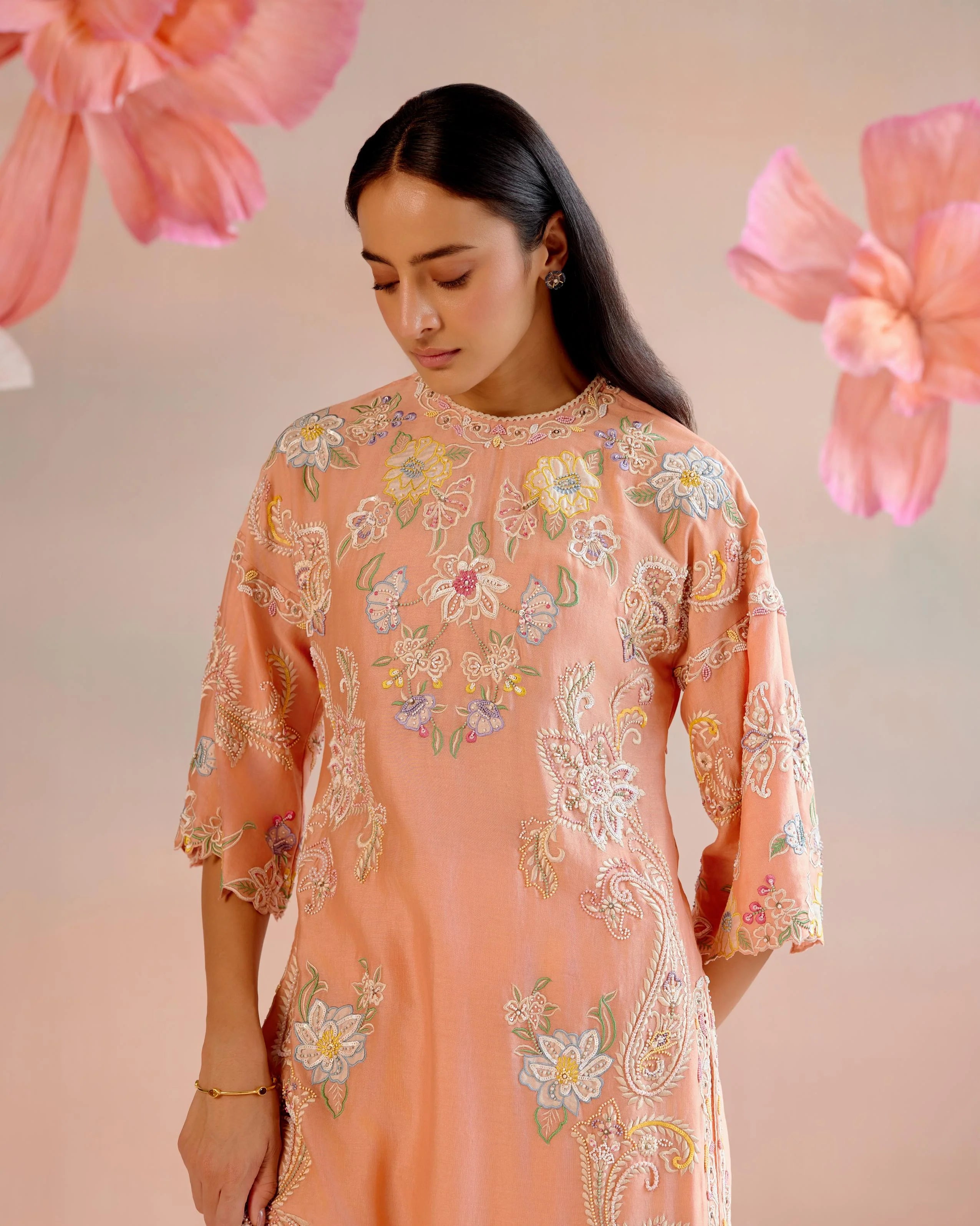 Apricot Contrast Embroidered Kurta With Pants