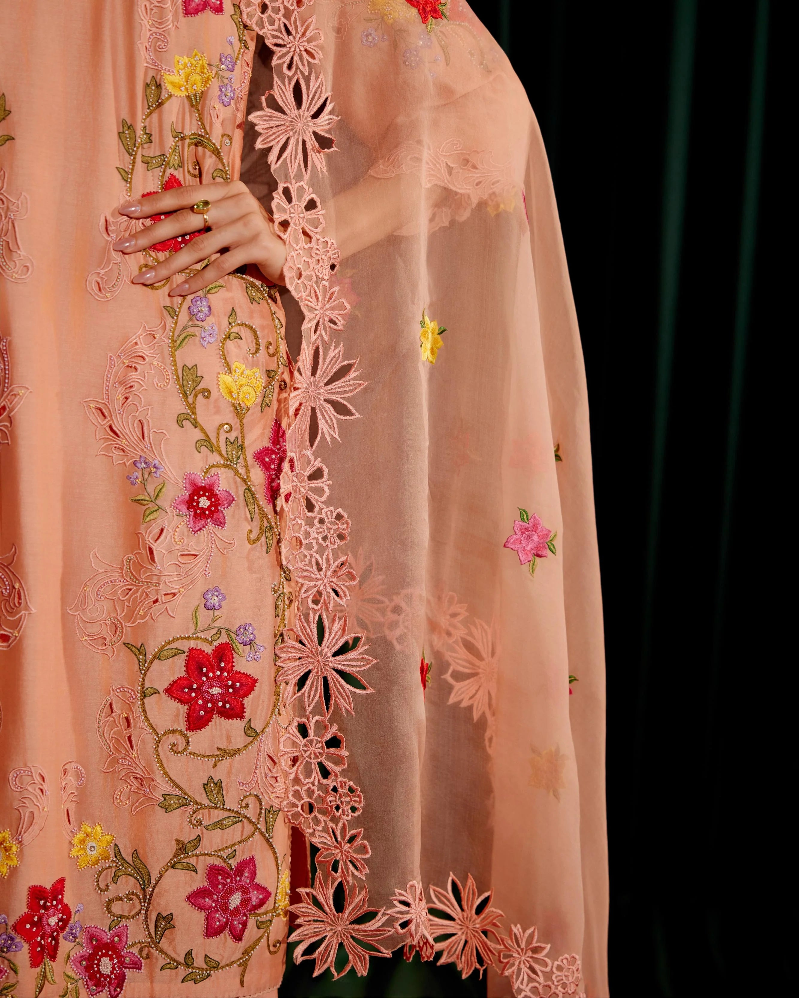 Apricot Multi Color Floral Embroidered Dupatta