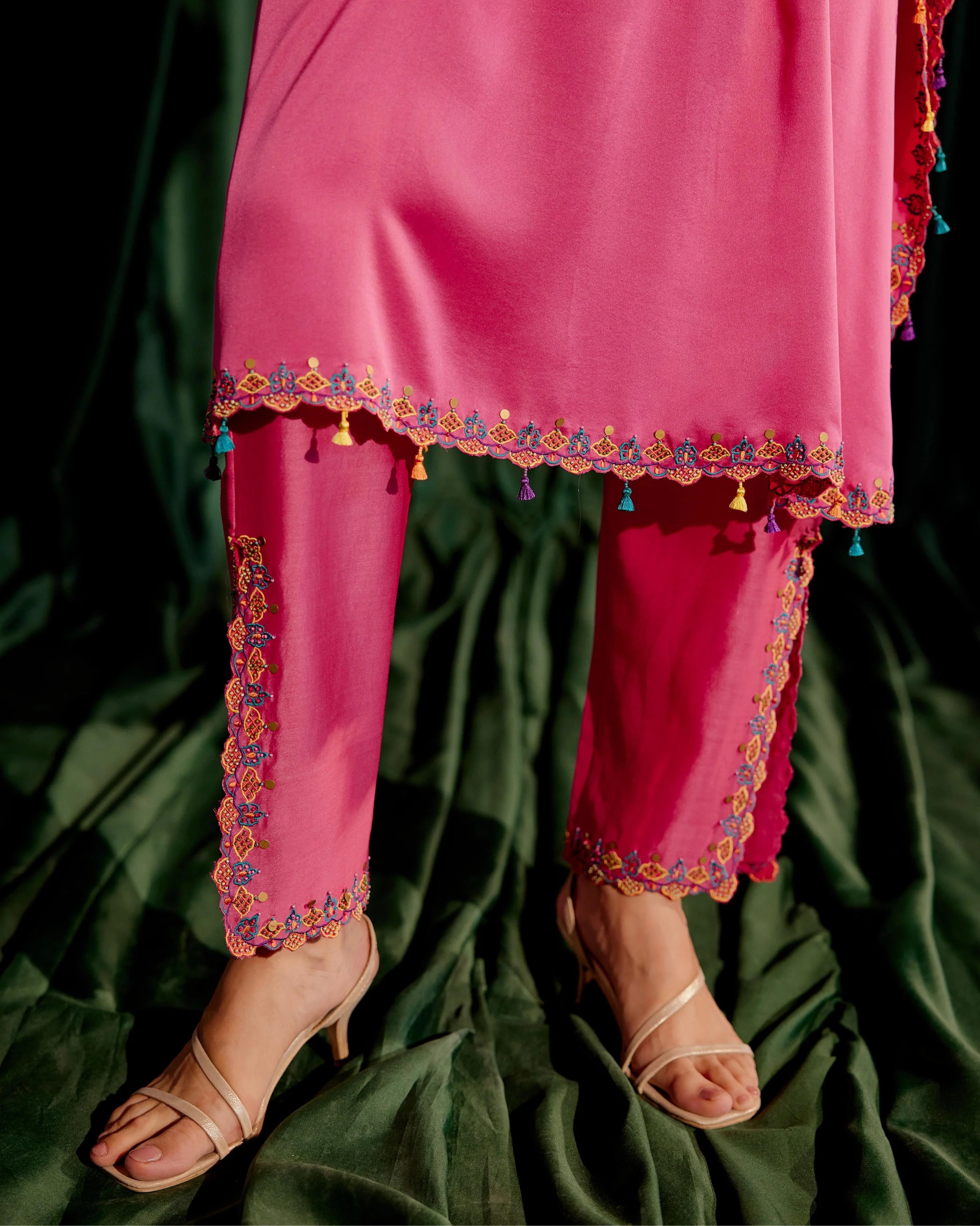 Fuchsia Floral Beadwork Kaftan With Embroidered Pants