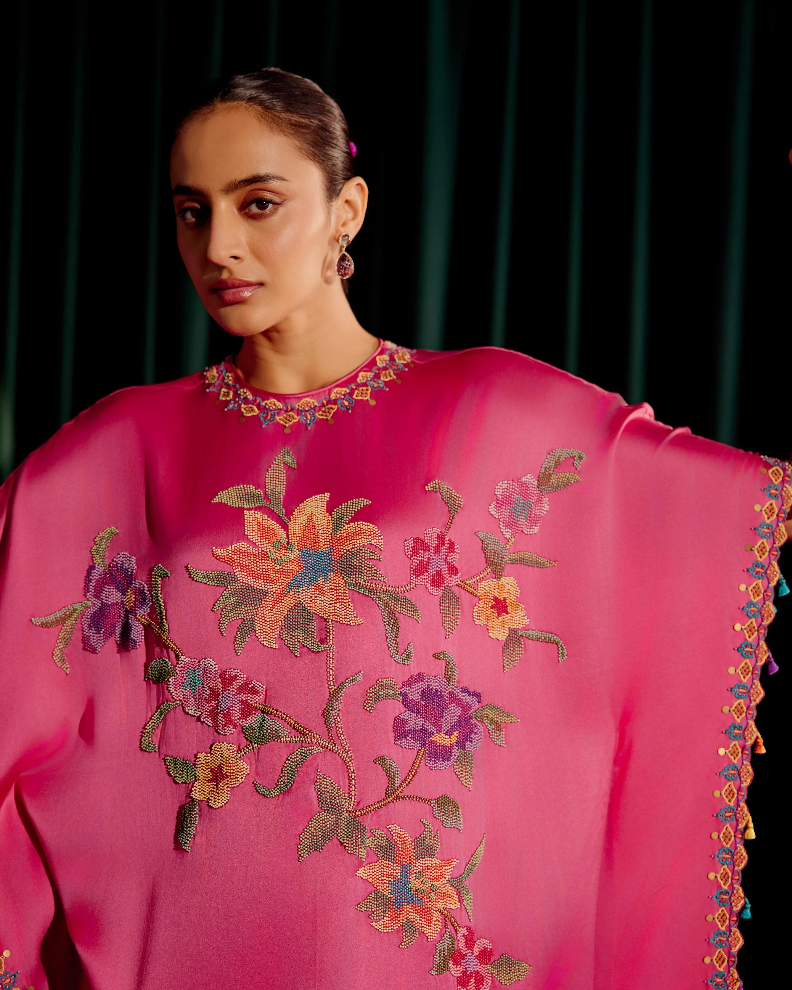 Fuchsia Floral Beadwork Kaftan With Embroidered Pants