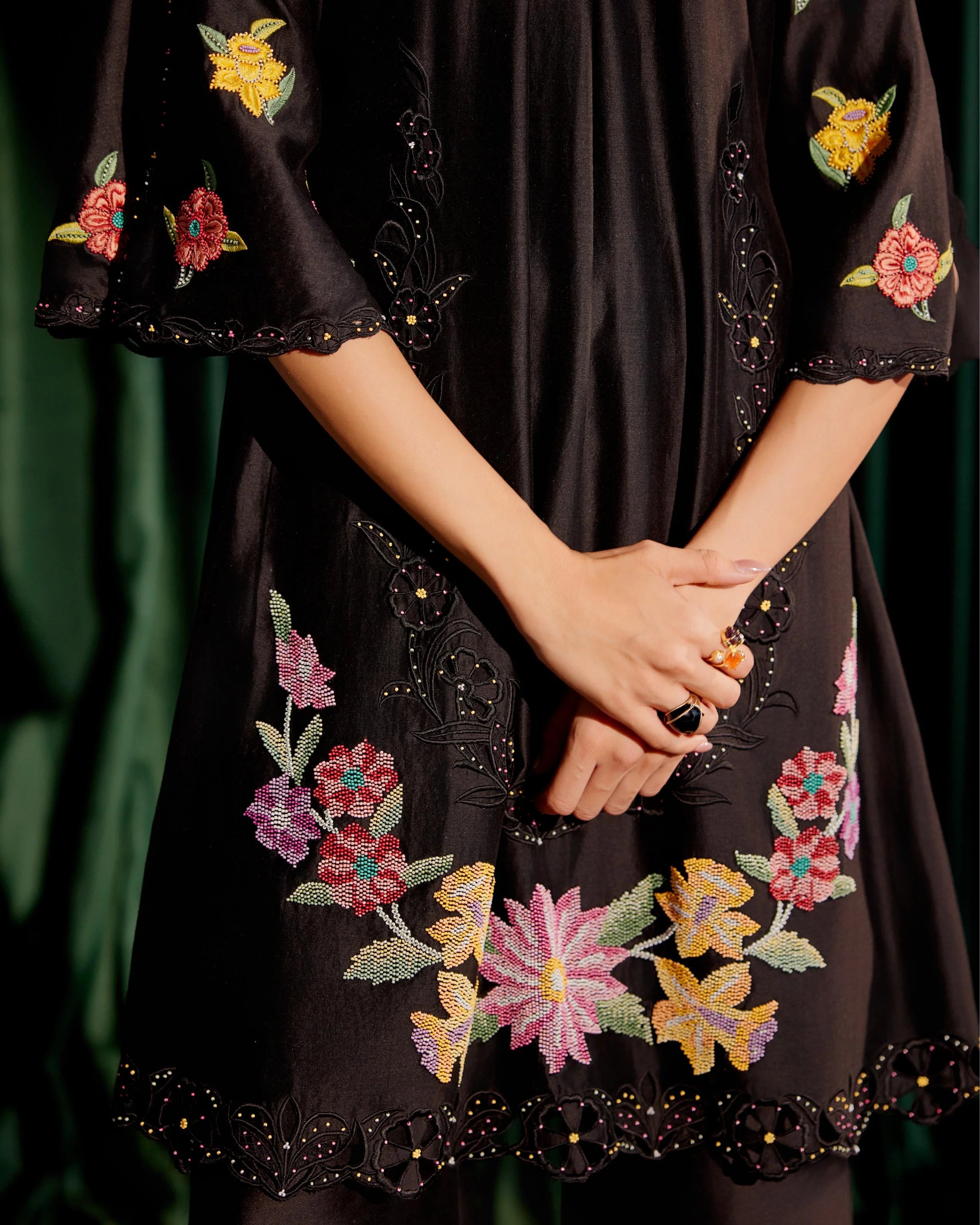 Black Floral Beadwork Gathered Kurta With Sheer Applique Pants