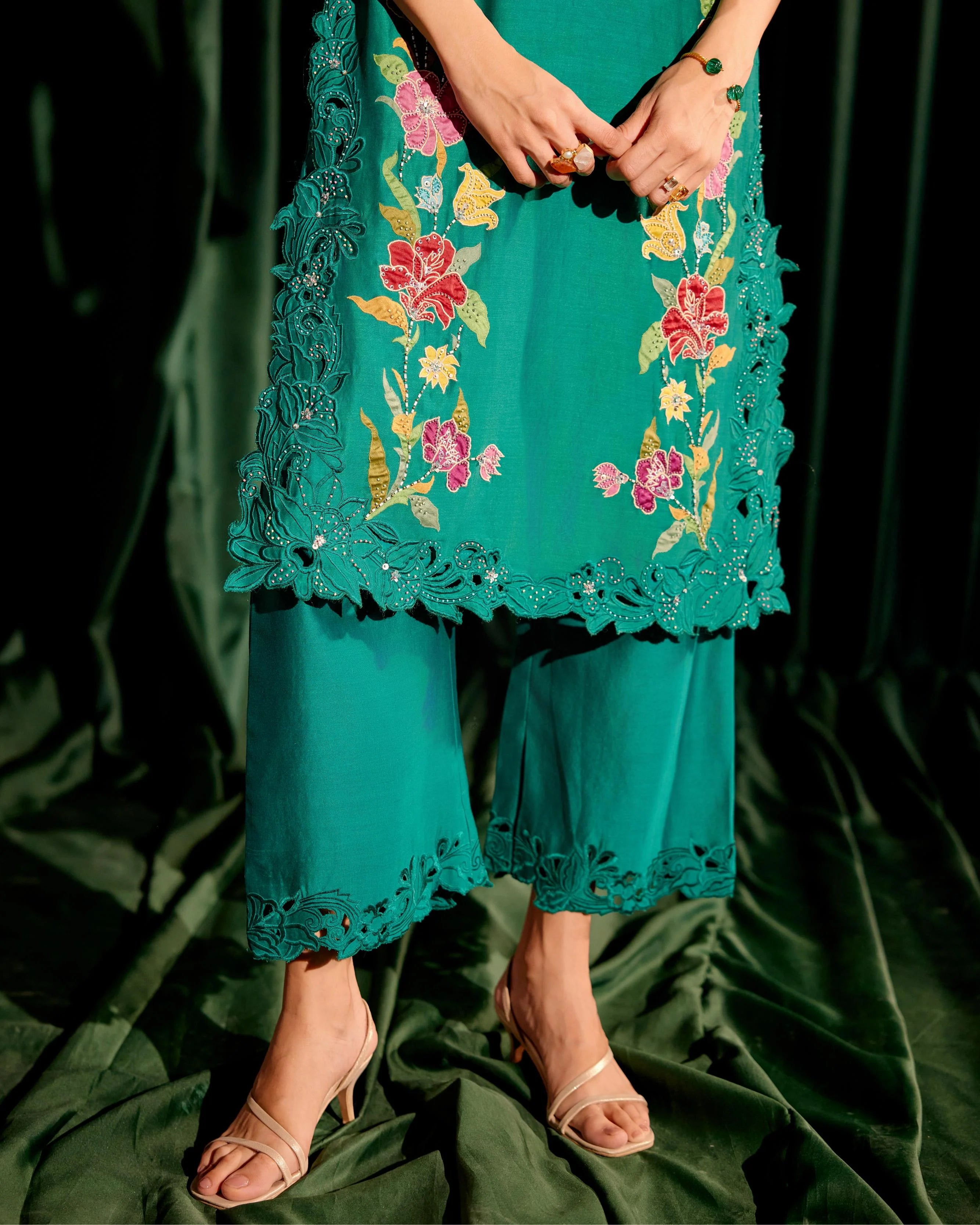 Emerald Green Applique And Beadwork Kurta With Tonal Cutwork Pants