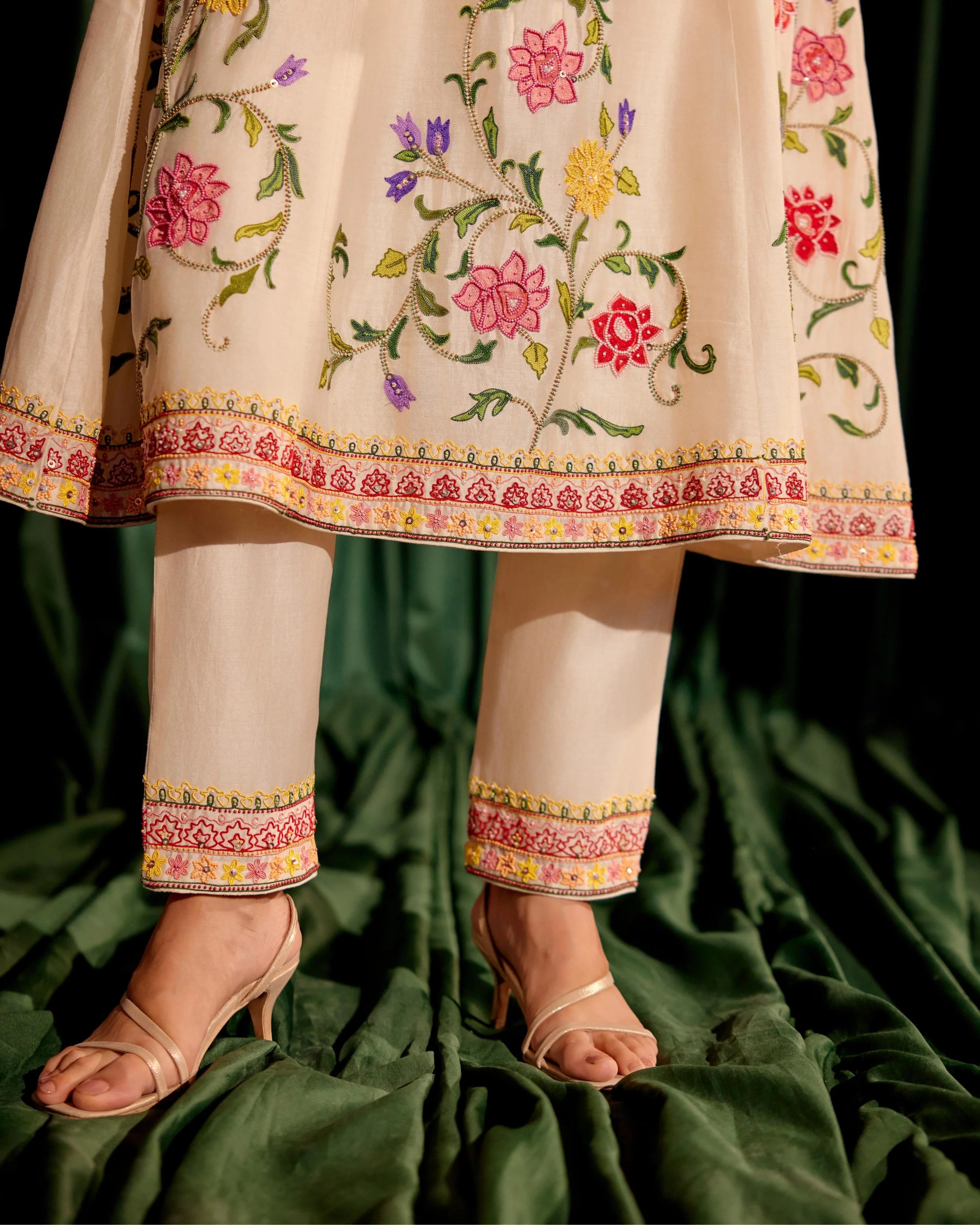 Ivory Cordwork And Beadwork Flared Kurta With Embroidered Narrow Pants
