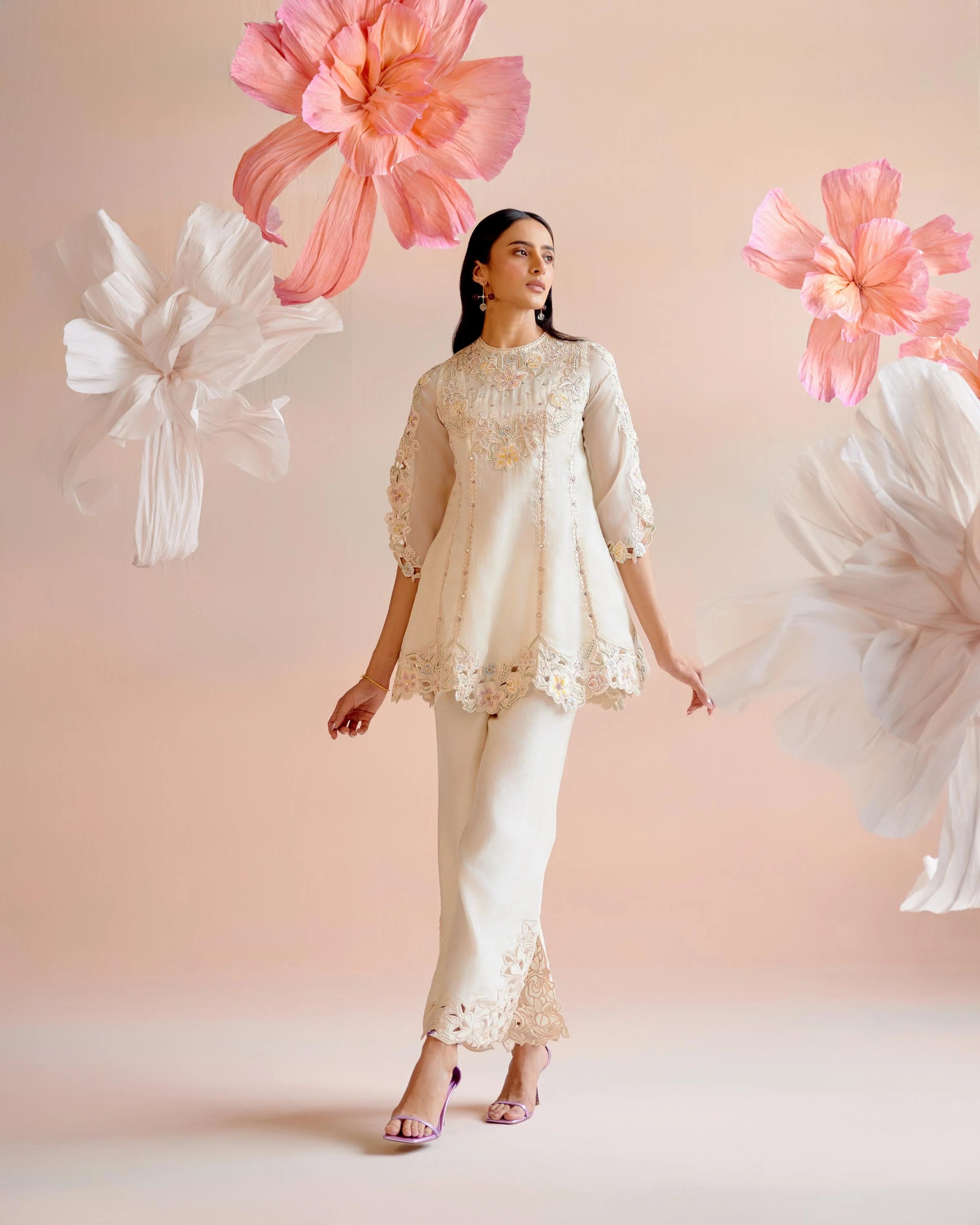 Ivory Cutwork And Beadwork Flared Short Kurta With Bell Bottom Pants