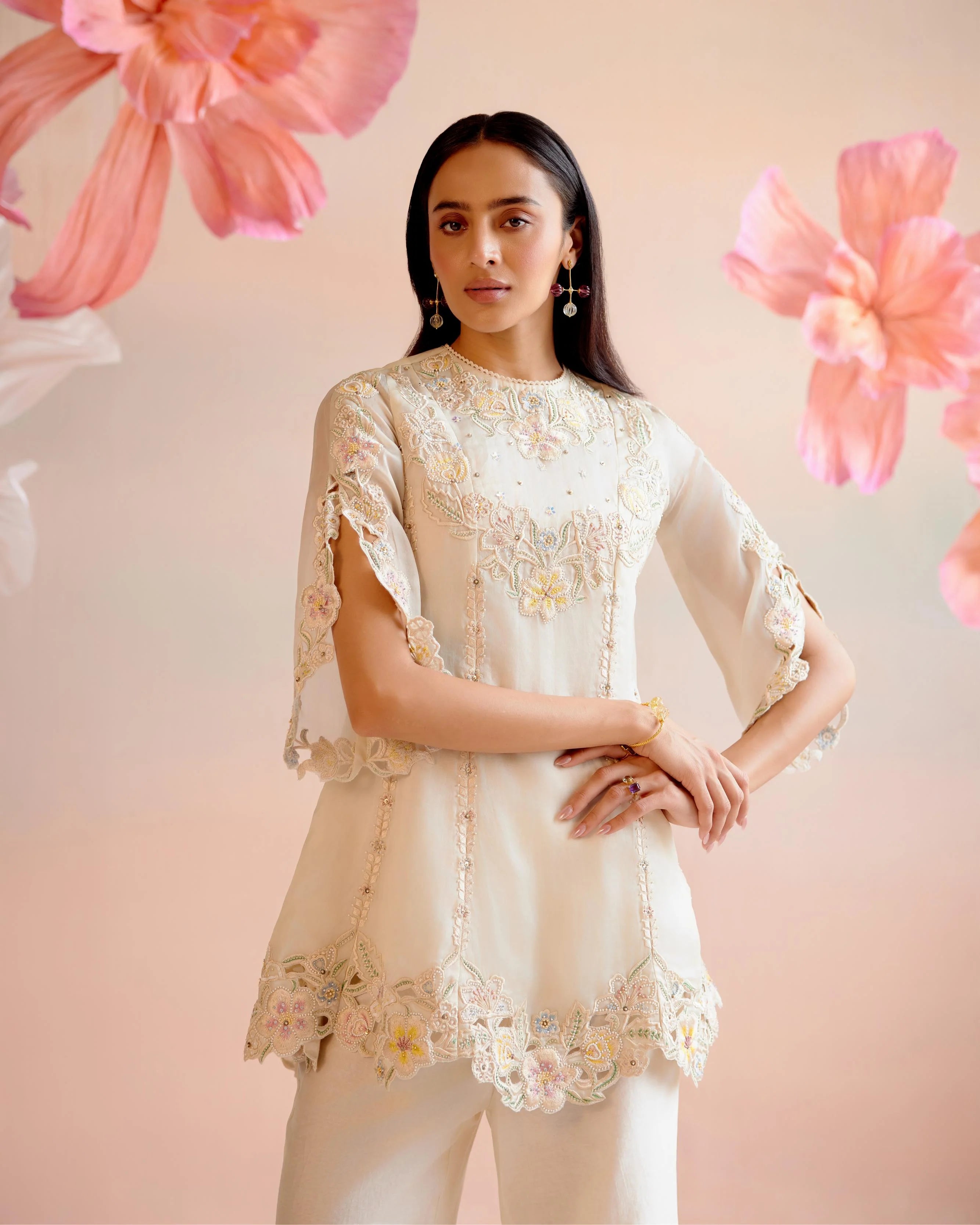 Ivory Cutwork And Beadwork Flared Short Kurta With Bell Bottom Pants