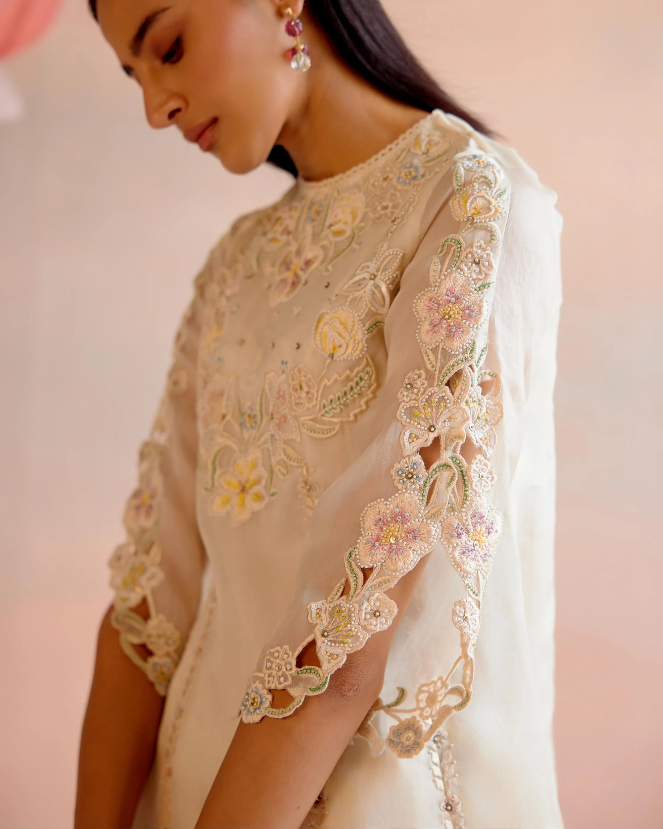 Ivory Cutwork And Beadwork Flared Short Kurta With Bell Bottom Pants